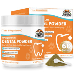 Jollyfit Dog Teeth Cleaning Powder packaging shows 60-scoop jar for daily dental care