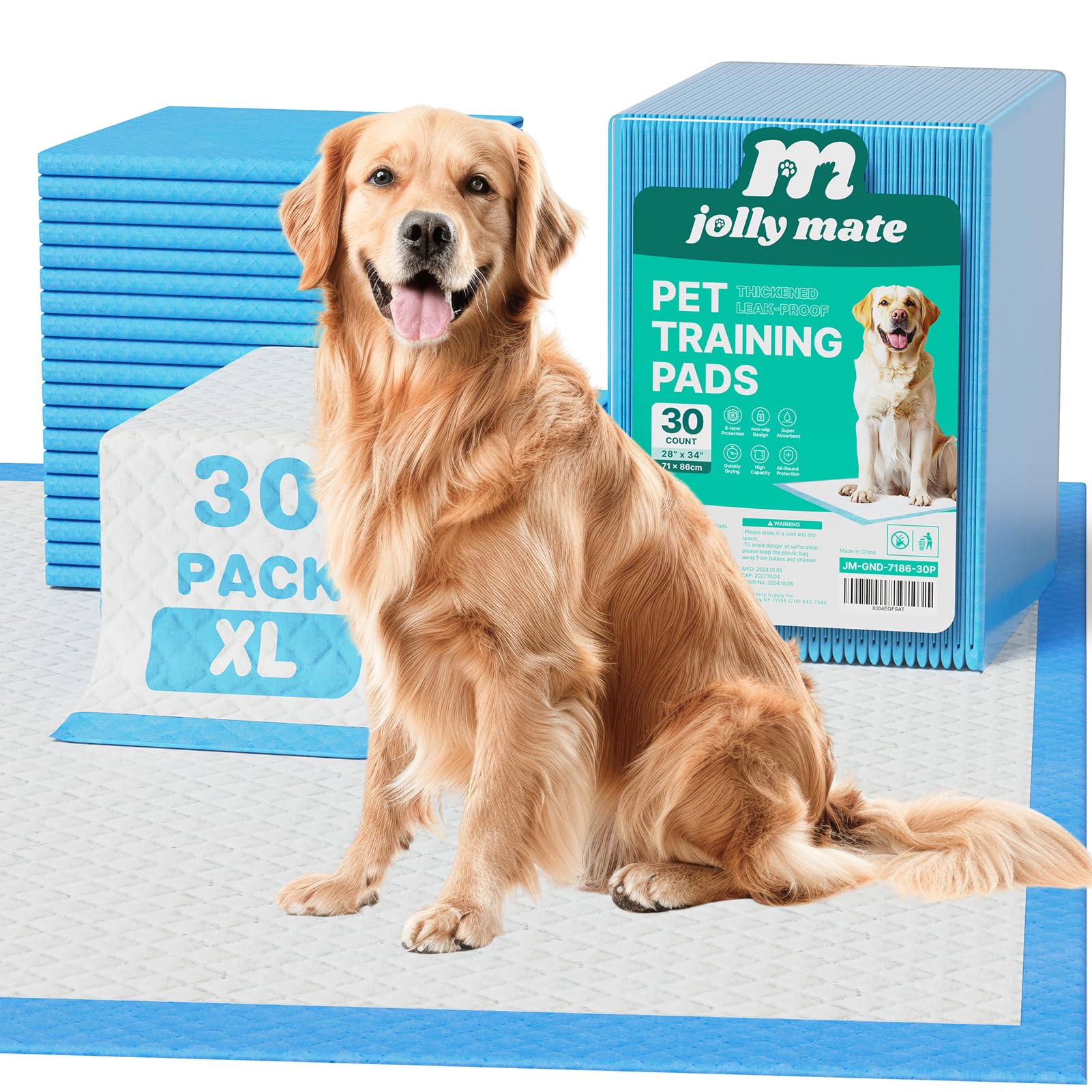 JollyMate dog pee pad packaging showing XL 28x34 inches for indoor training benefits.