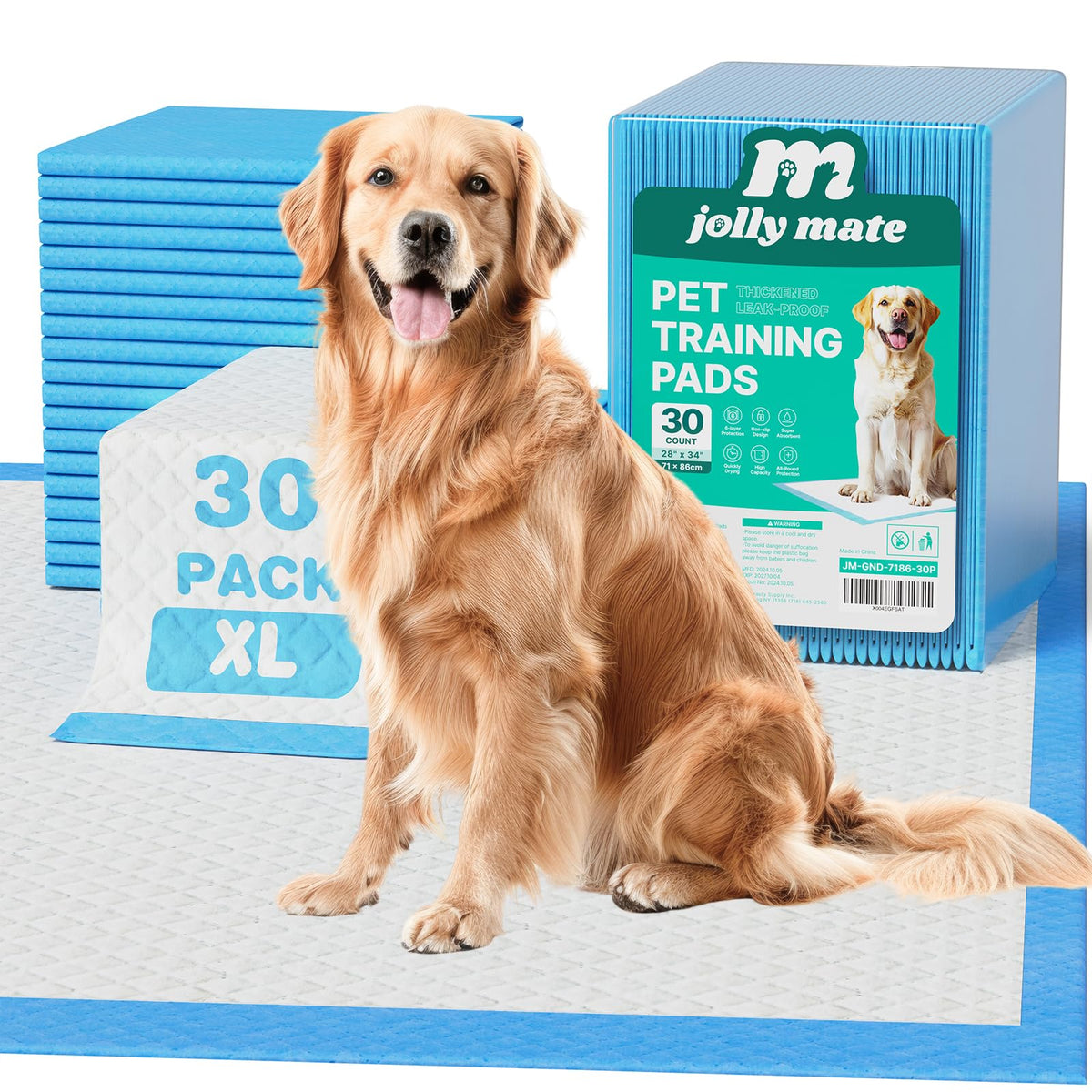 JollyMate dog pee pad packaging showing XL 28x34 inches for indoor training benefits.