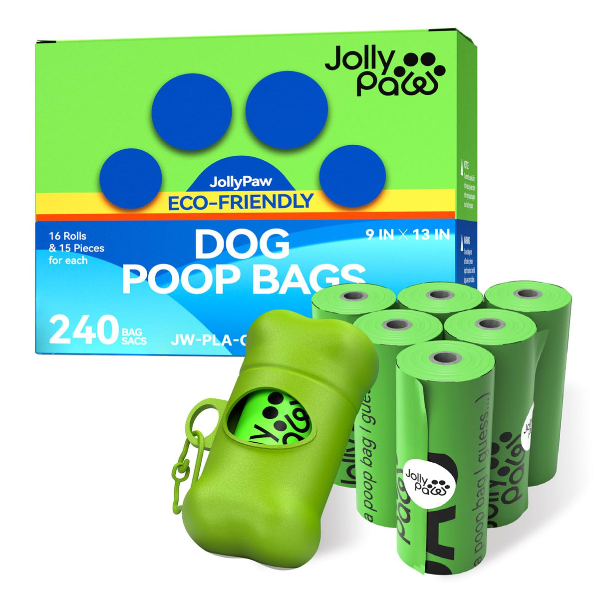 JollyPaw box front shows 240-count bags for months of walks.