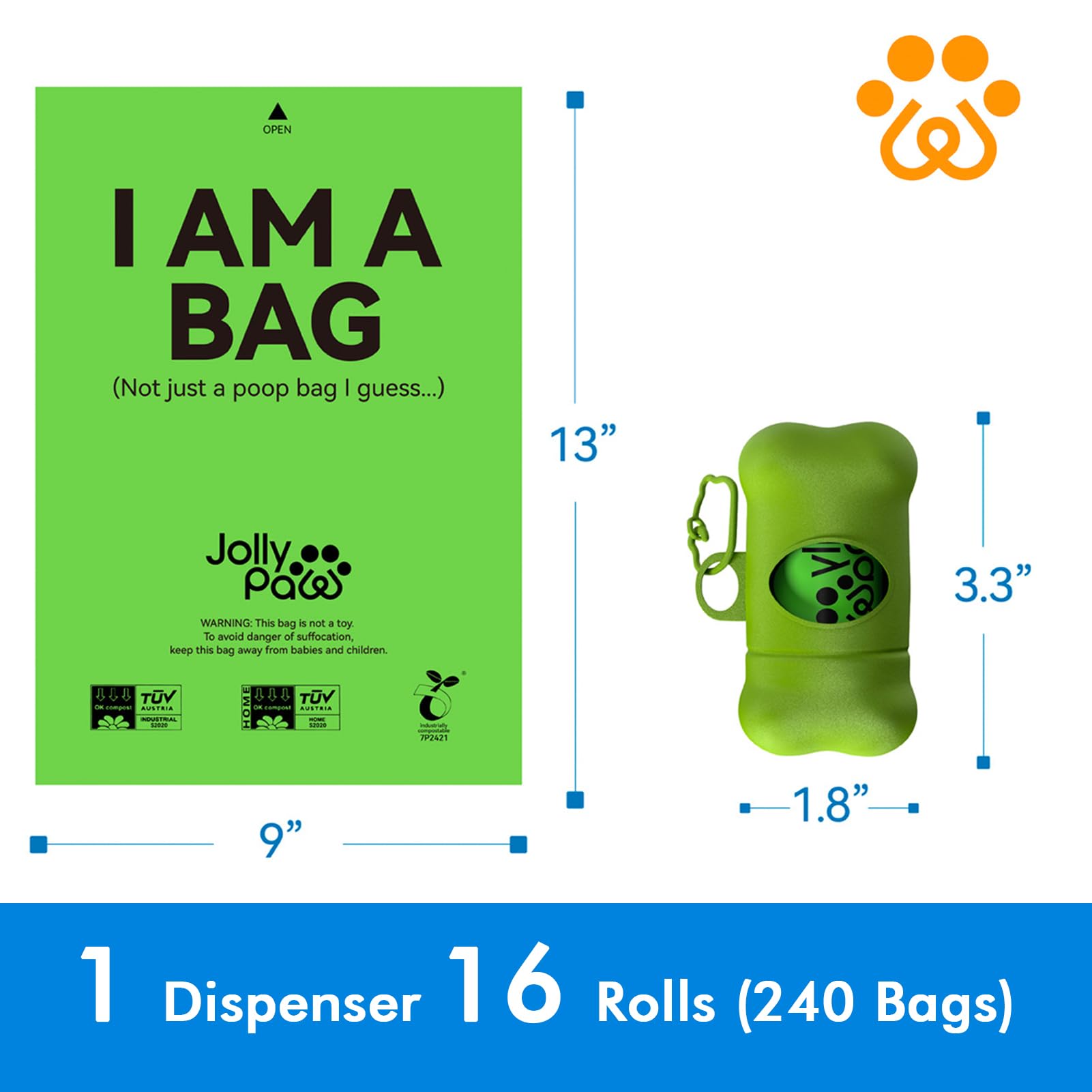 JollyPaw included holder attaches to leash for convenience.