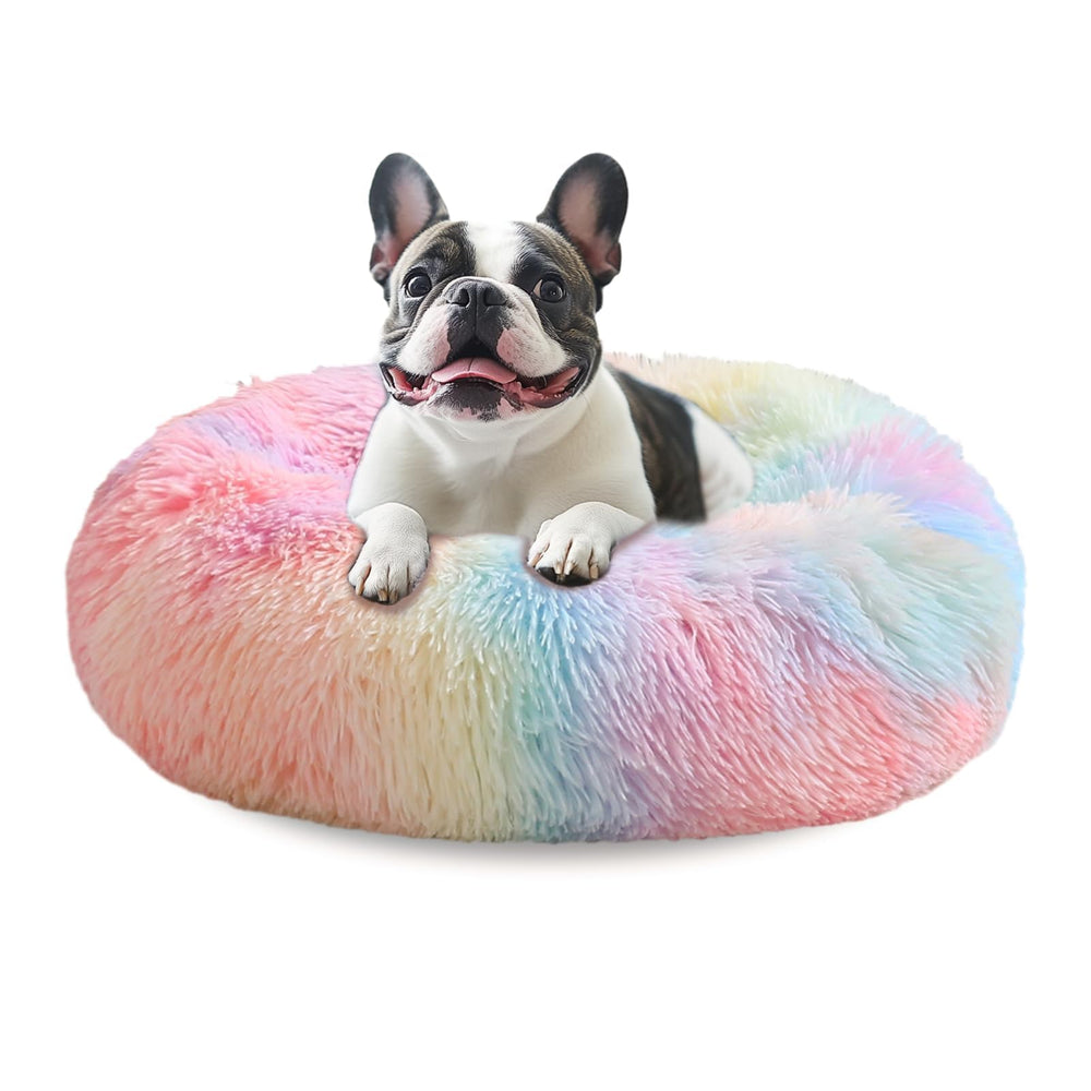 JOLLYVOGUE calming donut bed 27in top view offers plush comfort for medium dogs' cozy retreat.