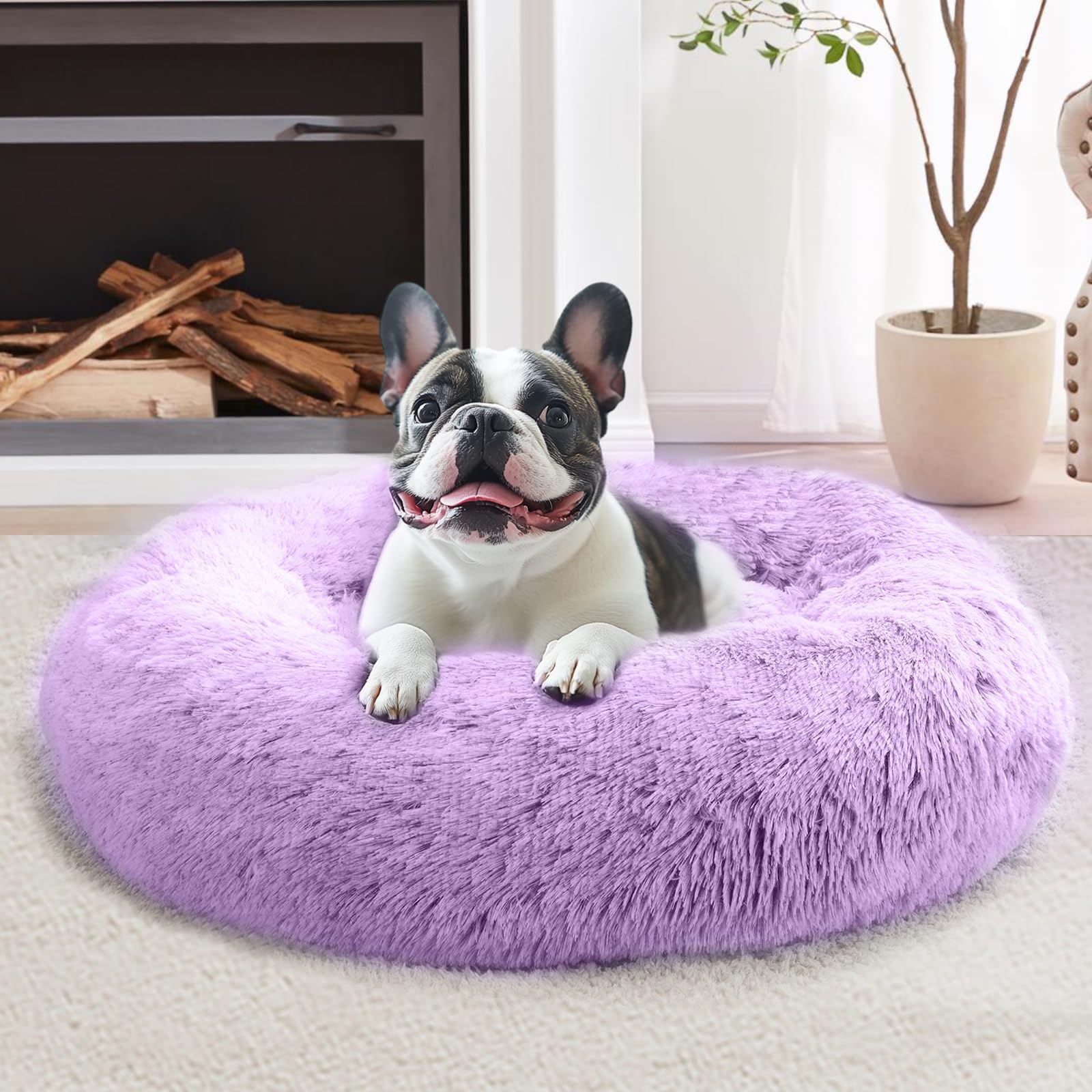 JOLLYVOGUE calming donut bed closeup in purple plush fur for cozy small-pet comfort.