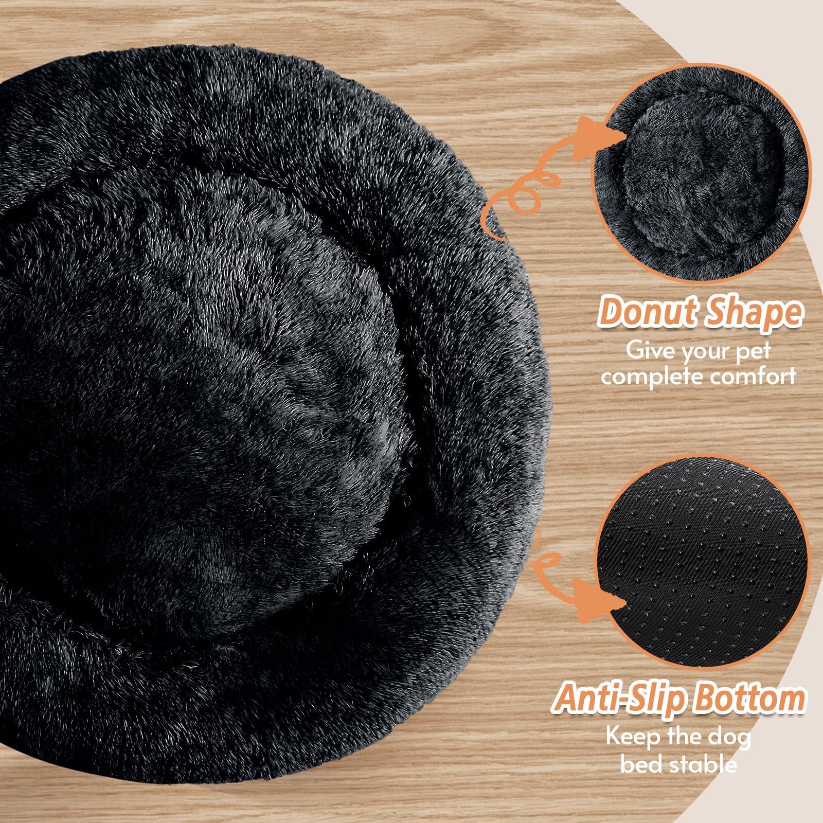 JOLLYVOGUE calming donut bed faux fur closeup showcases soft texture ideal for snuggling.
