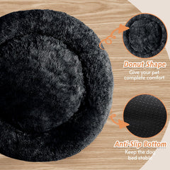 JOLLYVOGUE calming donut bed faux fur closeup showcases soft texture ideal for snuggling.