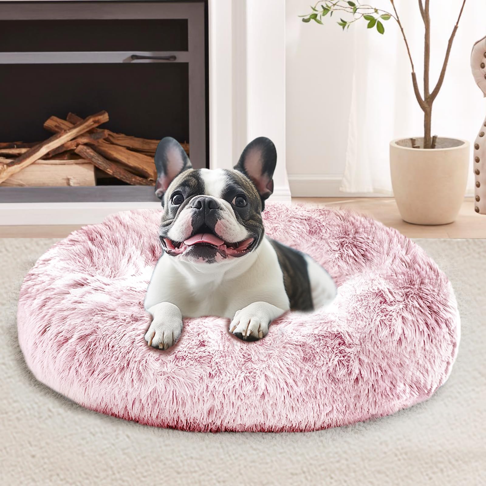JOLLYVOGUE calming-donut-bed fluffy fur closeup, showcasing ultra-soft comfort for cozy naps.