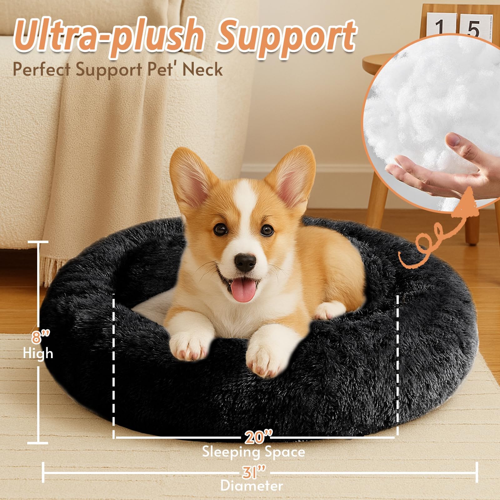 JOLLYVOGUE calming donut bed non-slip base keeps bed in place.