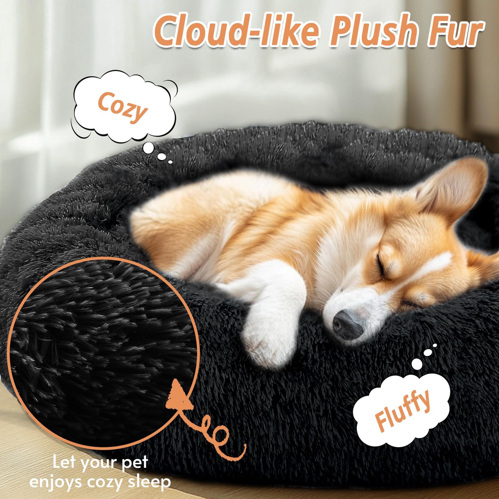 JOLLYVOGUE calming donut bed side view emphasizes supportive rim for neck comfort.