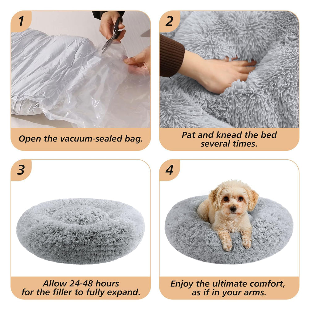 JOLLYVOGUE calming donut bed size guide shows fit options