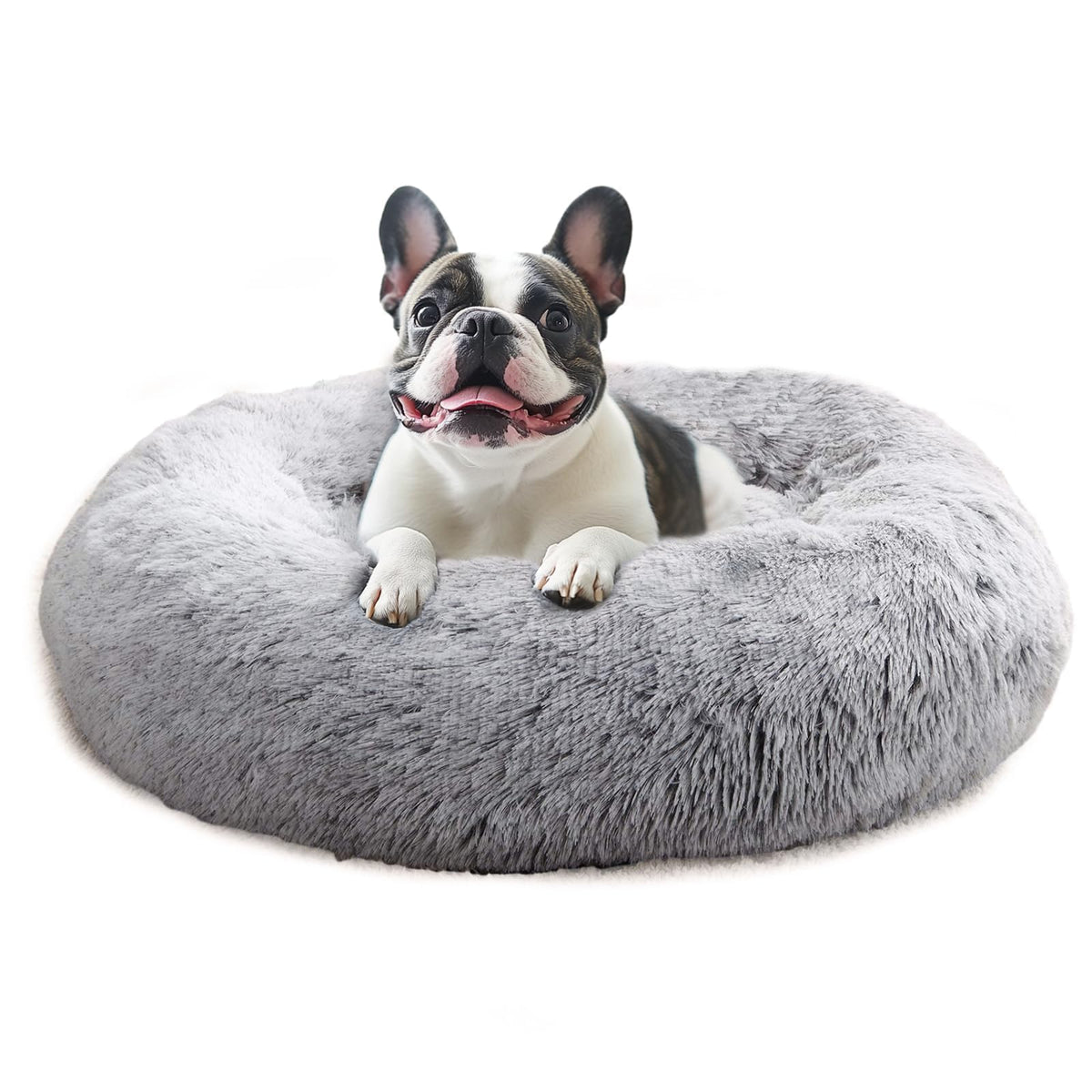 JOLLYVOGUE calming donut dog bed in smoke grey offers round support for restful naps.