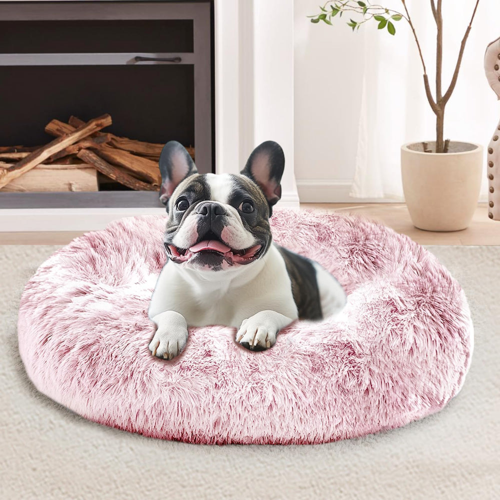 JOLLYVOGUE calming-donut-dog-bed-soft-fur-pink provides cozy naps