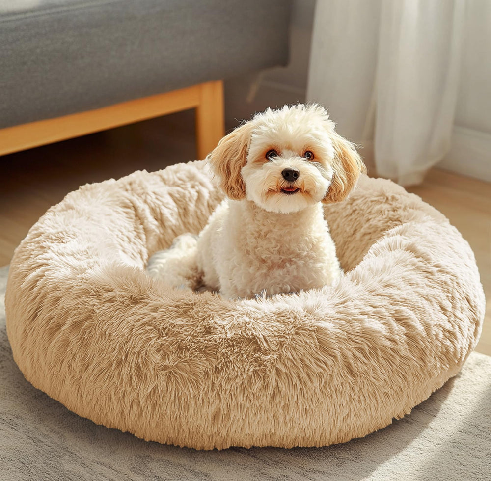 JOLLYVOGUE dog and cat bed donut plush faux fur creates a cozy nesting spot for curling up.