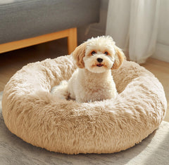 JOLLYVOGUE dog and cat bed donut plush faux fur creates a cozy nesting spot for curling up.