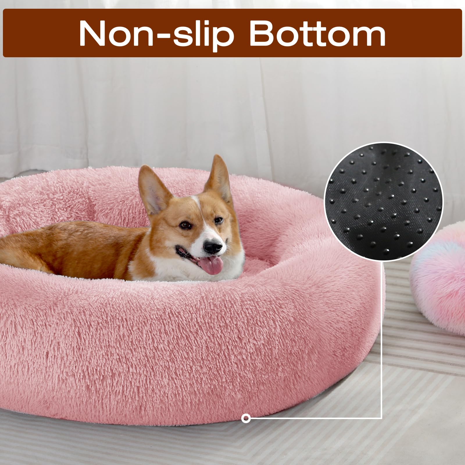JOLLYVOGUE donut bed non-slip bottom demonstrates stable resting on slick floors.