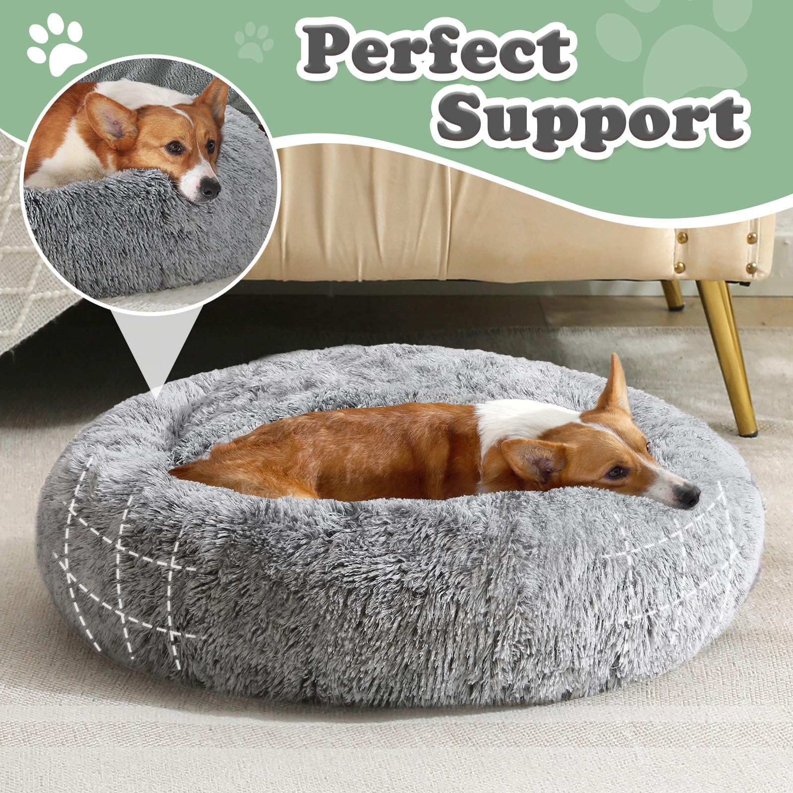 JOLLYVOGUE donut bed non-slip bottom keeps cushion in place during activity.