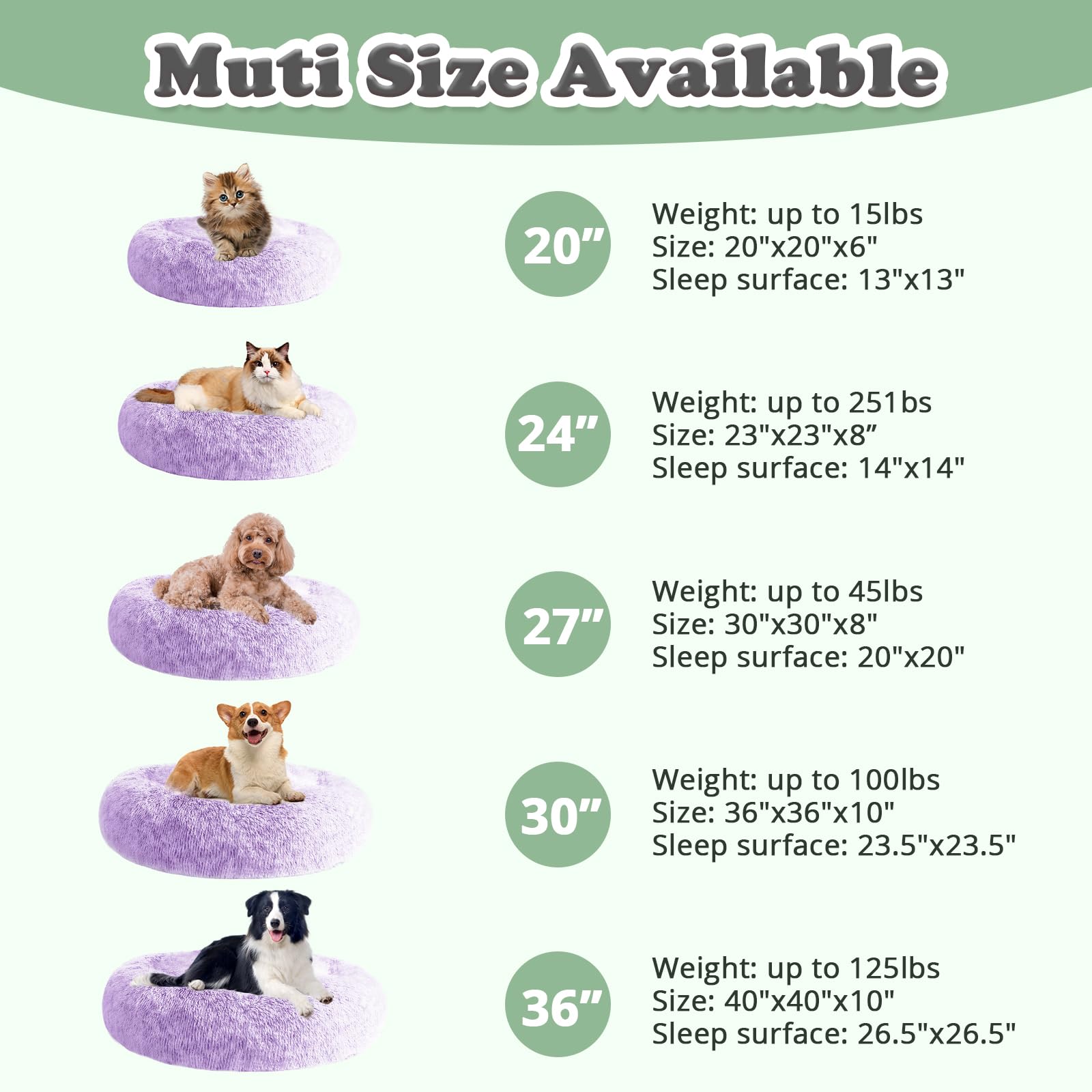 JOLLYVOGUE donut bed size options cover 50 to 100 cm for various pets.