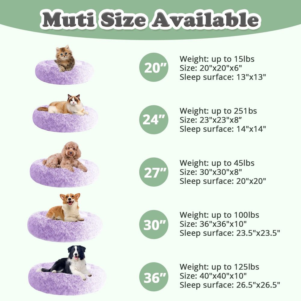 JOLLYVOGUE donut bed size options cover 50 to 100 cm for various pets.