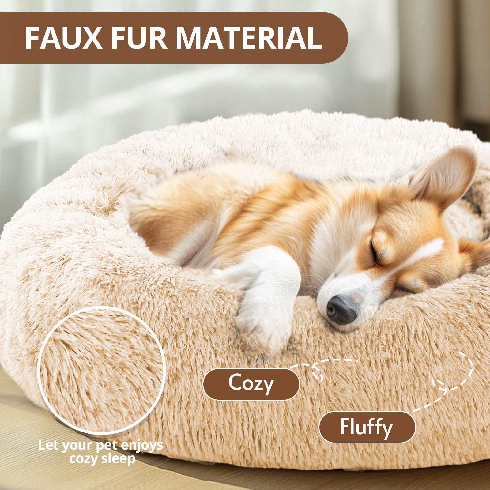 JOLLYVOGUE donut dog bed with raised rim supports head and neck for comfort.