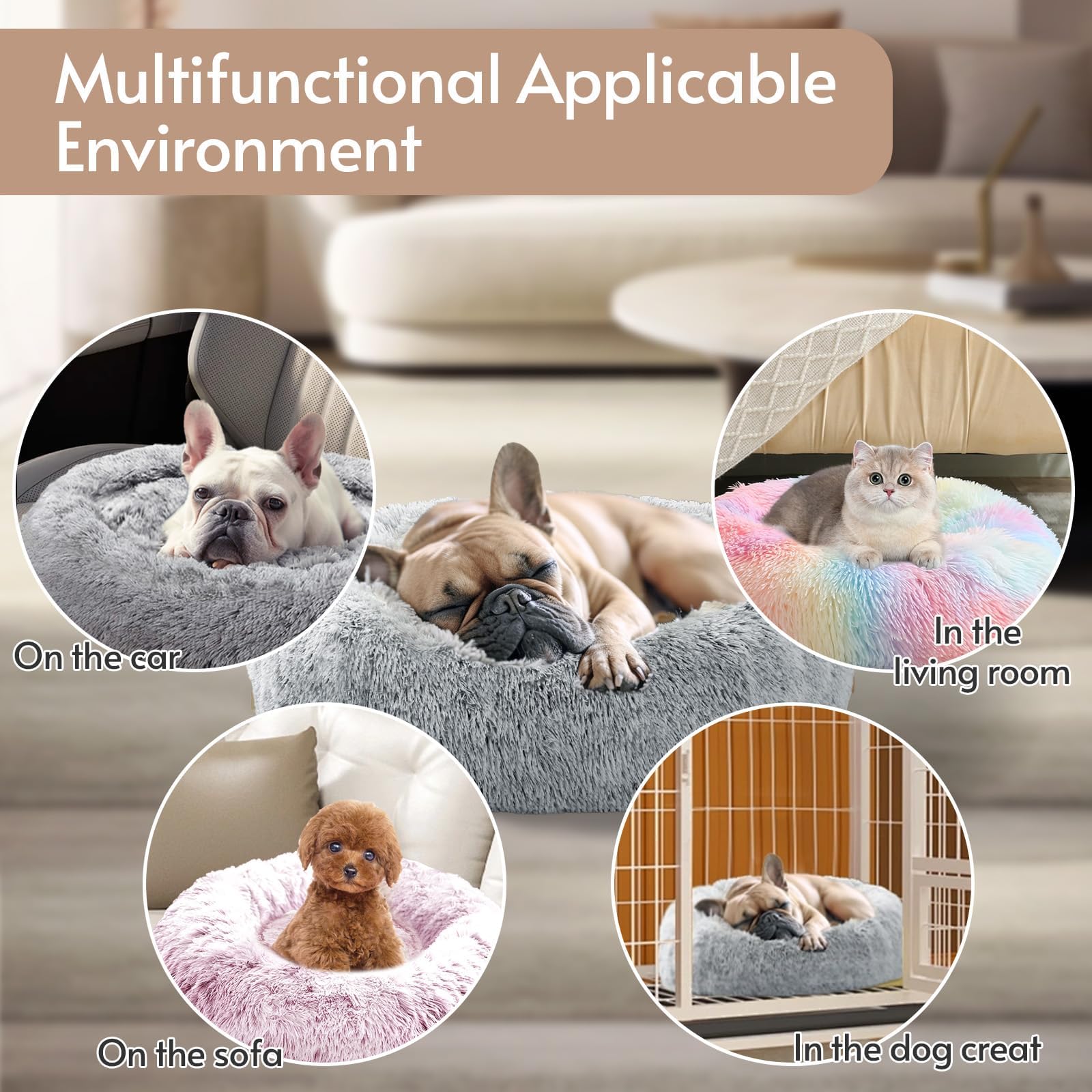 JOLLYVOGUE neutral hues donut bed blends with decor while providing a hygienic retreat.