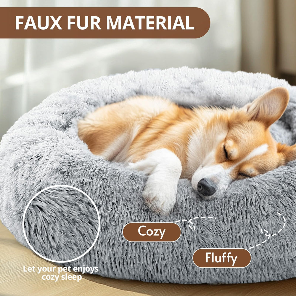 JOLLYVOGUE round fluffy faux fur pet bed for cozy lounging in any space.