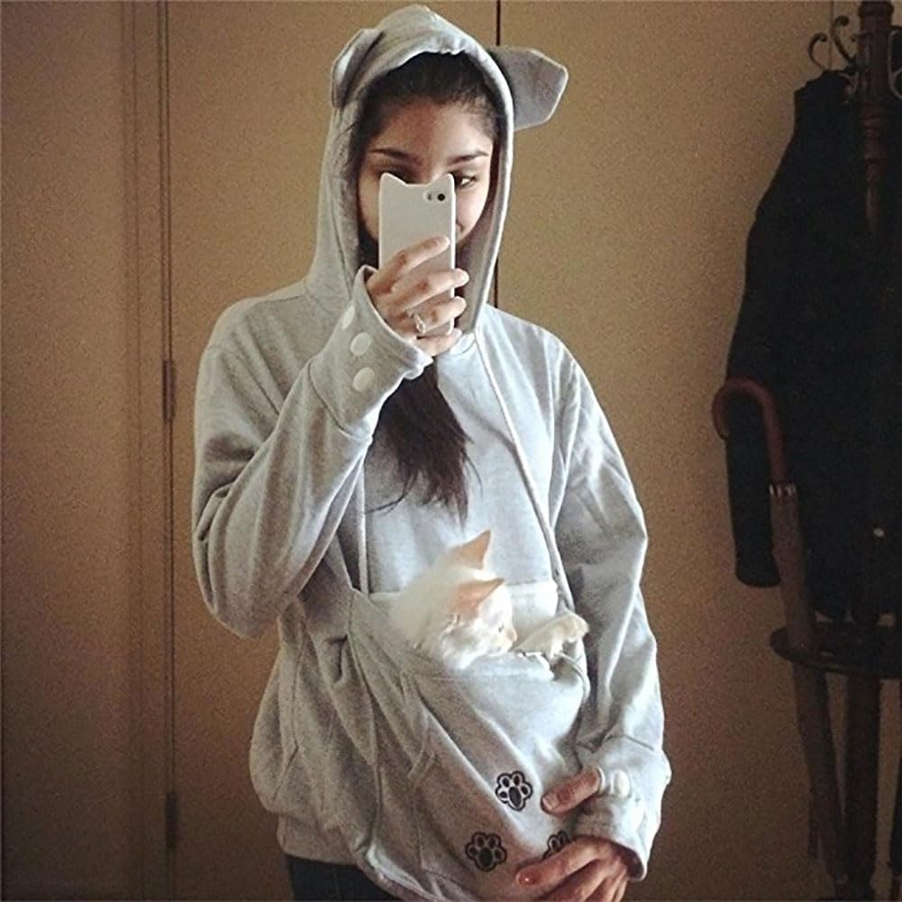 Jomago womens pet carrier hoodie pocket-pockets shows secure compartments for phone.