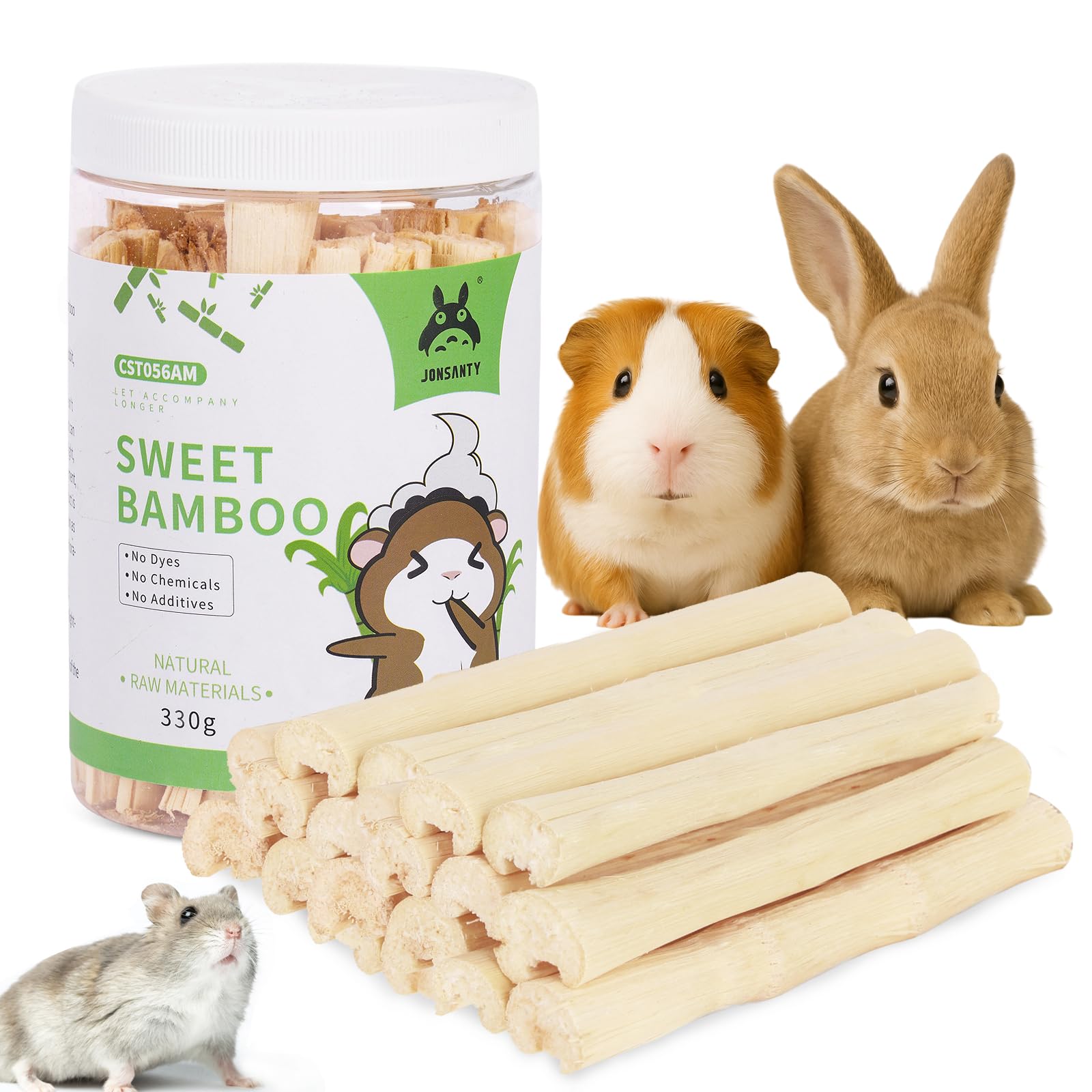 JONSNTY sweet bamboo chew toy demonstrates natural dental wear and anxiety relief for small animals.