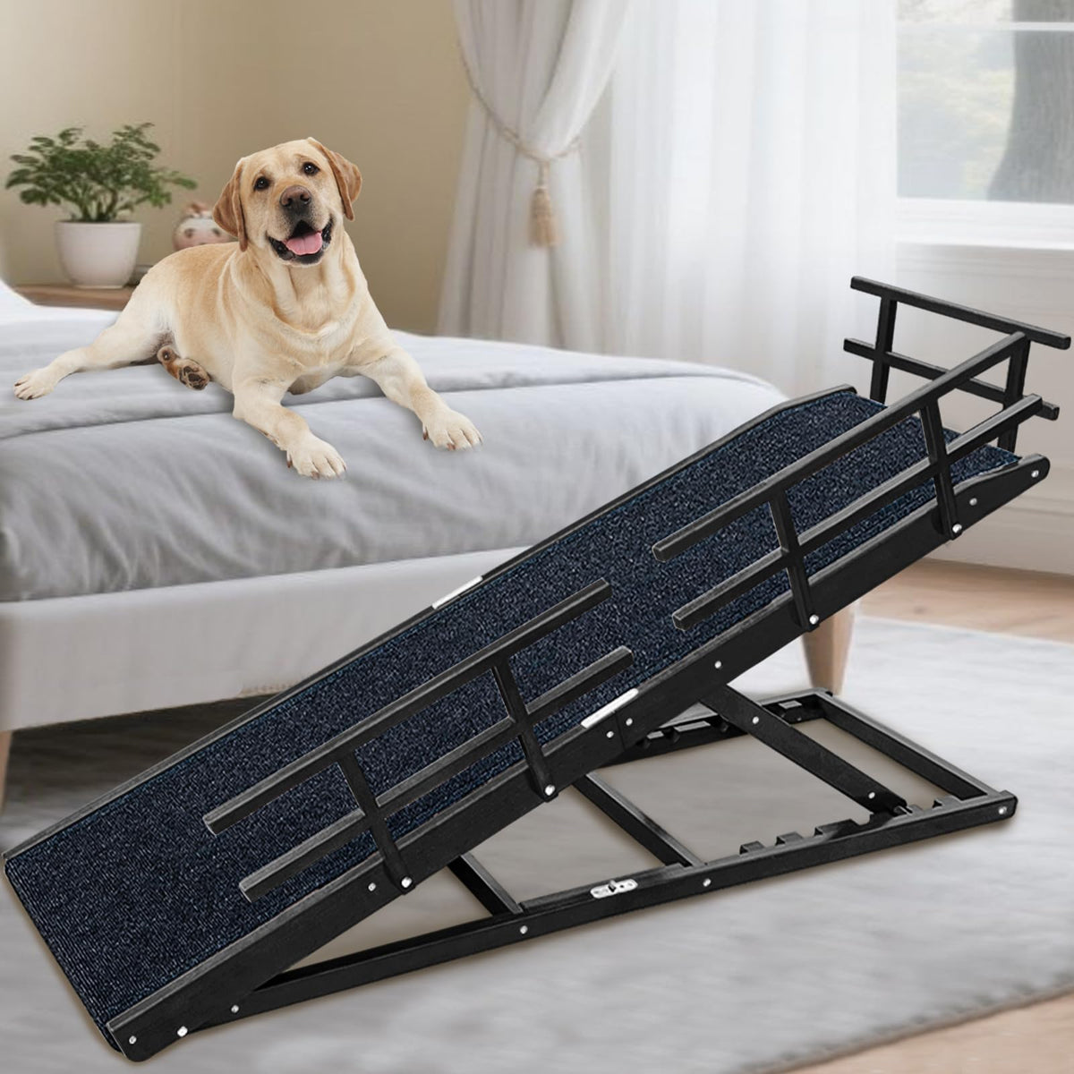 Jopavo dog ramp bed 65inch landing platform assists pets to hop onto the bed with ease