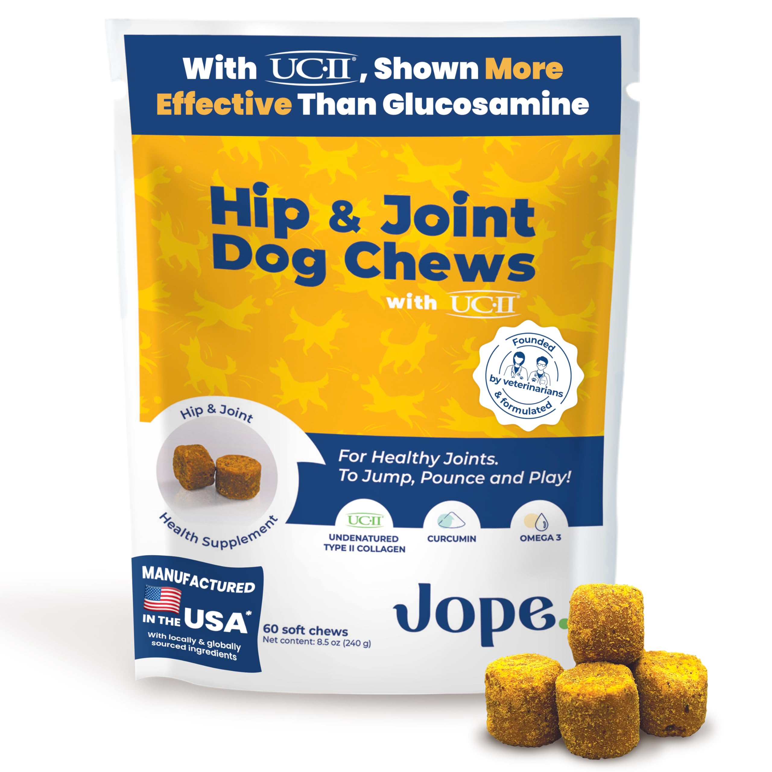 Jope Hip & Joint chews packaging emphasizes veterinarian-made formula for canine joint support.