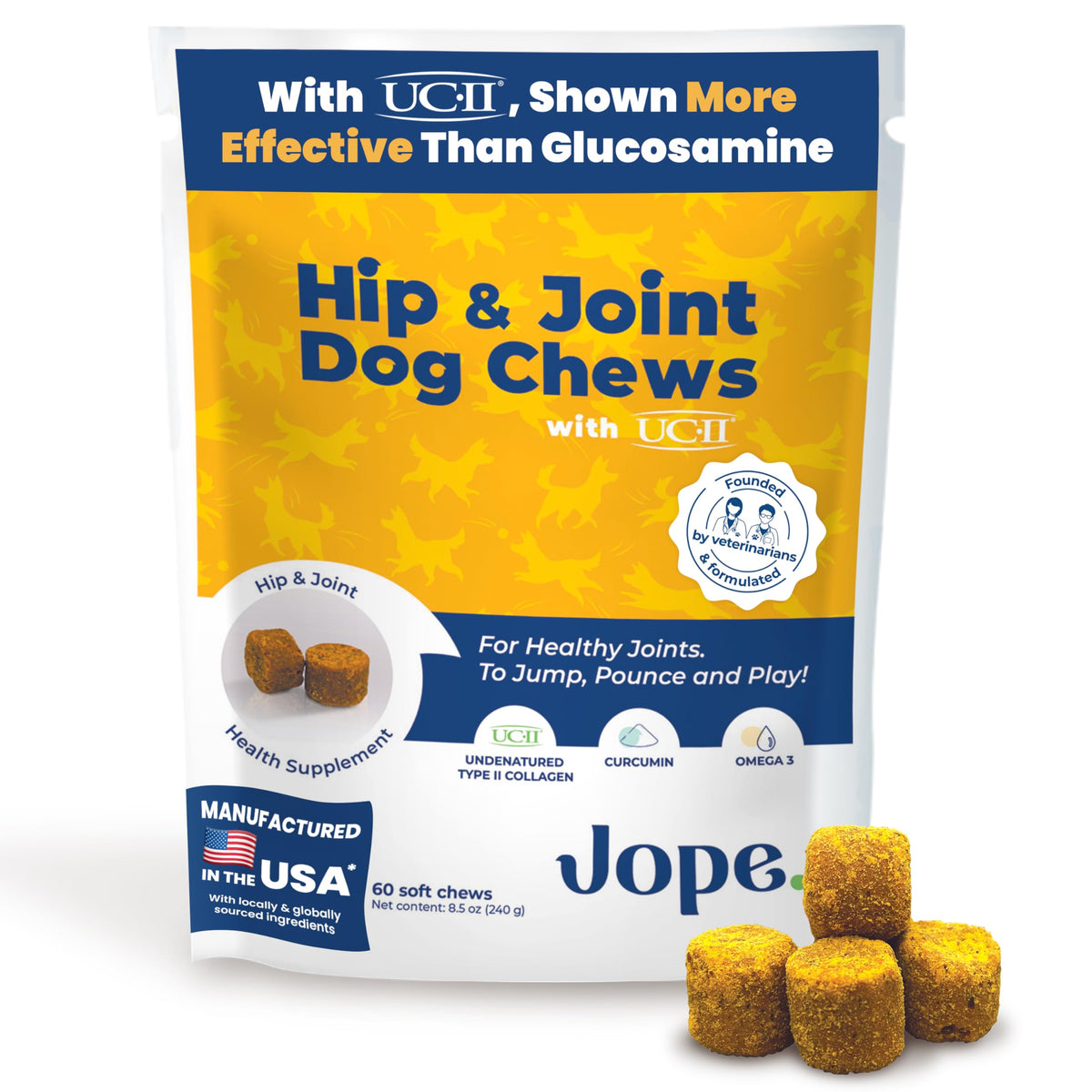 Jope Hip & Joint chews packaging emphasizes veterinarian-made formula for canine joint support.