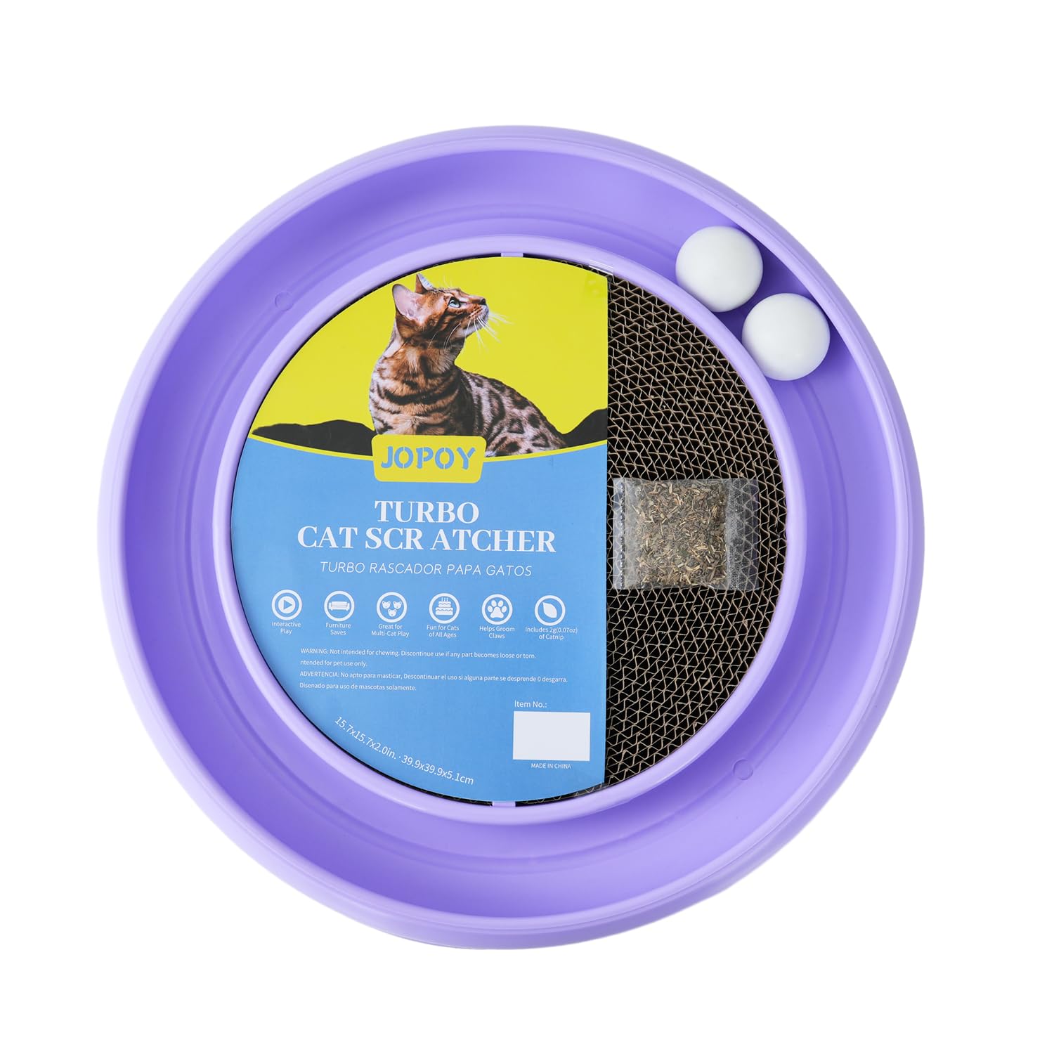 JOPOY interactive cat scratcher with two rotating balls for engaging play.