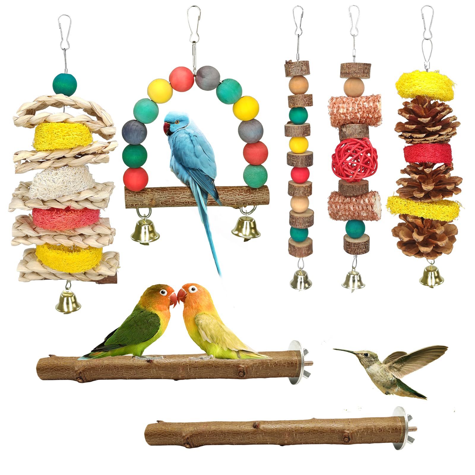 JOREWOOD natural wood bird chew toys 7-pack hanging perch aids enrichment for parakeets
