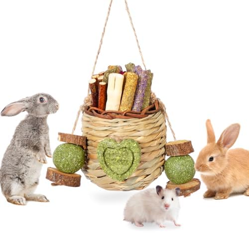 Jorewood Rabbit Chew Toys hanging basket enhances foraging and safe chewing for small pets