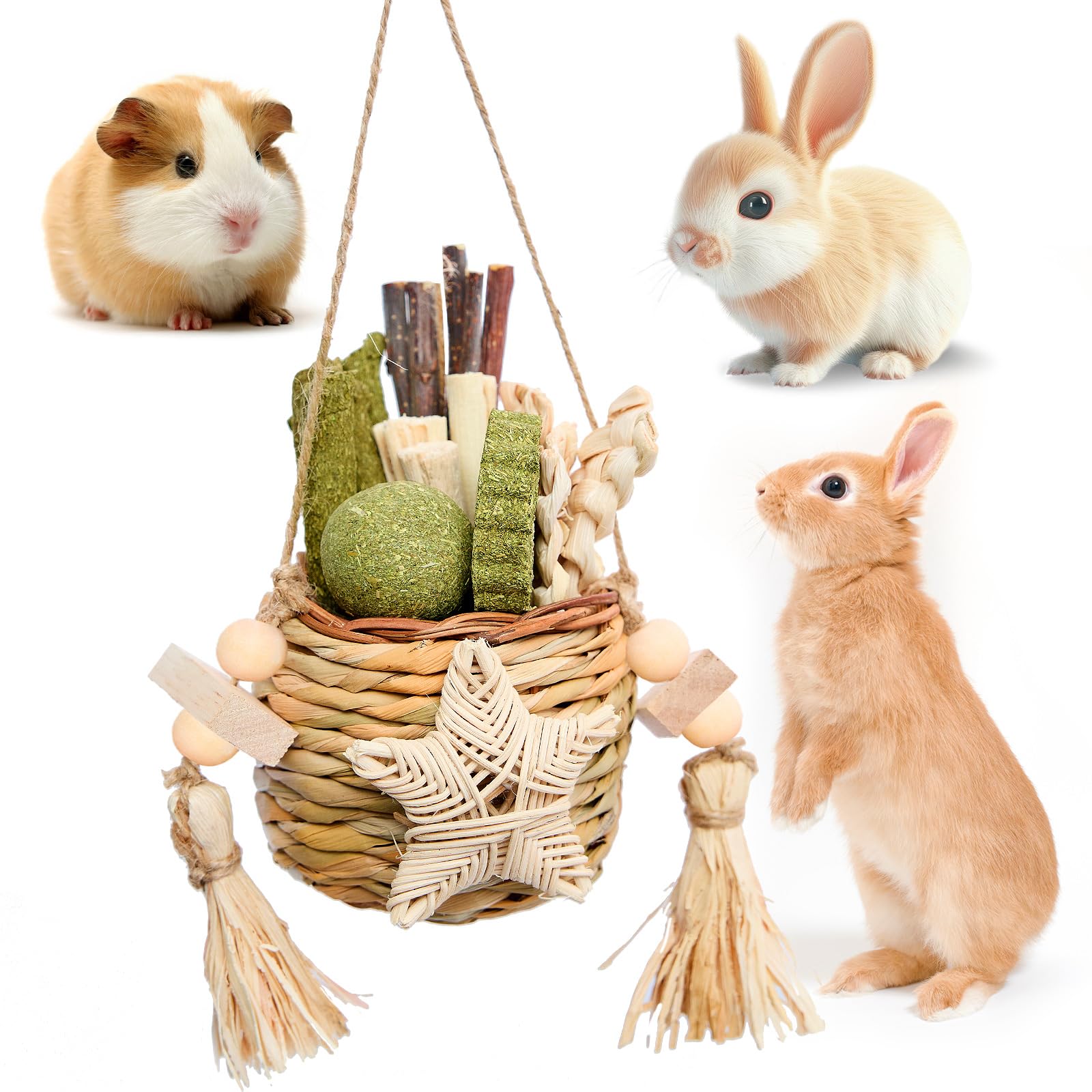 Jorewood Reedgrass Chew Toy Basket hanging in cage promotes enrichment and helps wear teeth down