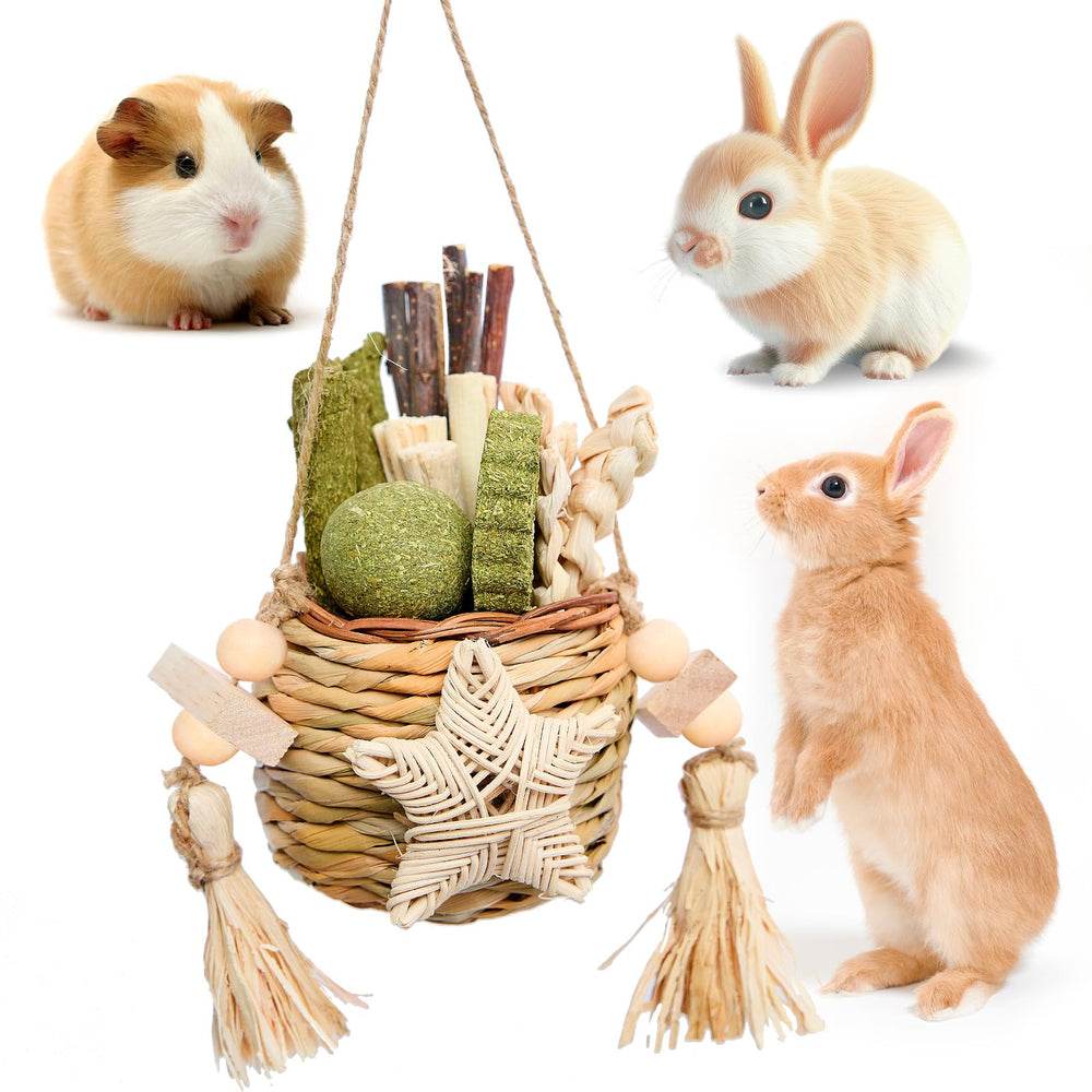 Jorewood Reedgrass Chew Toy Basket hanging in cage promotes enrichment and helps wear teeth down
