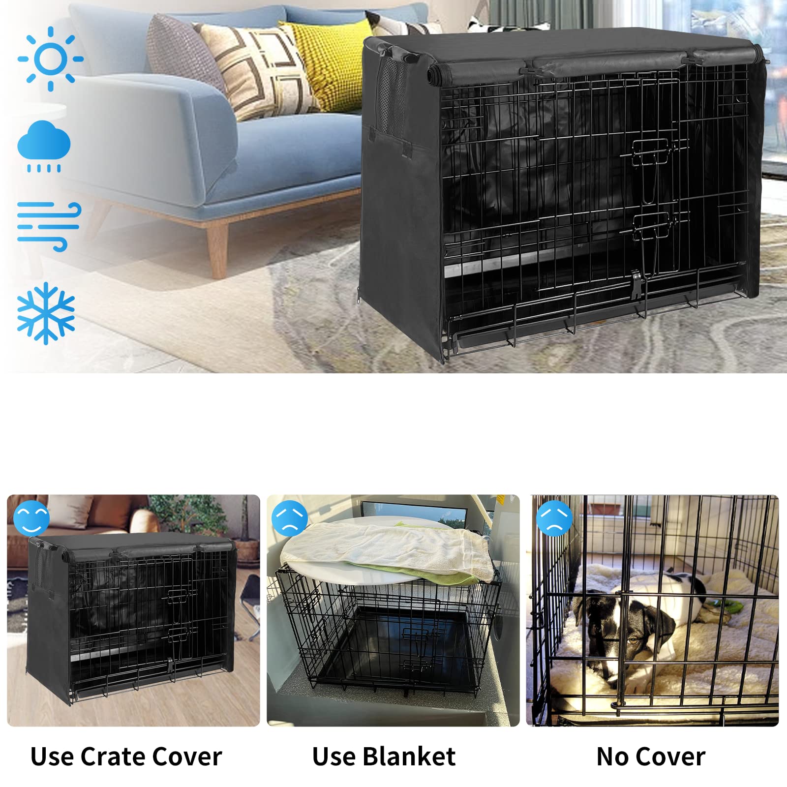 Joroamp dog crate cover top-handle pass-through enables simple relocation.