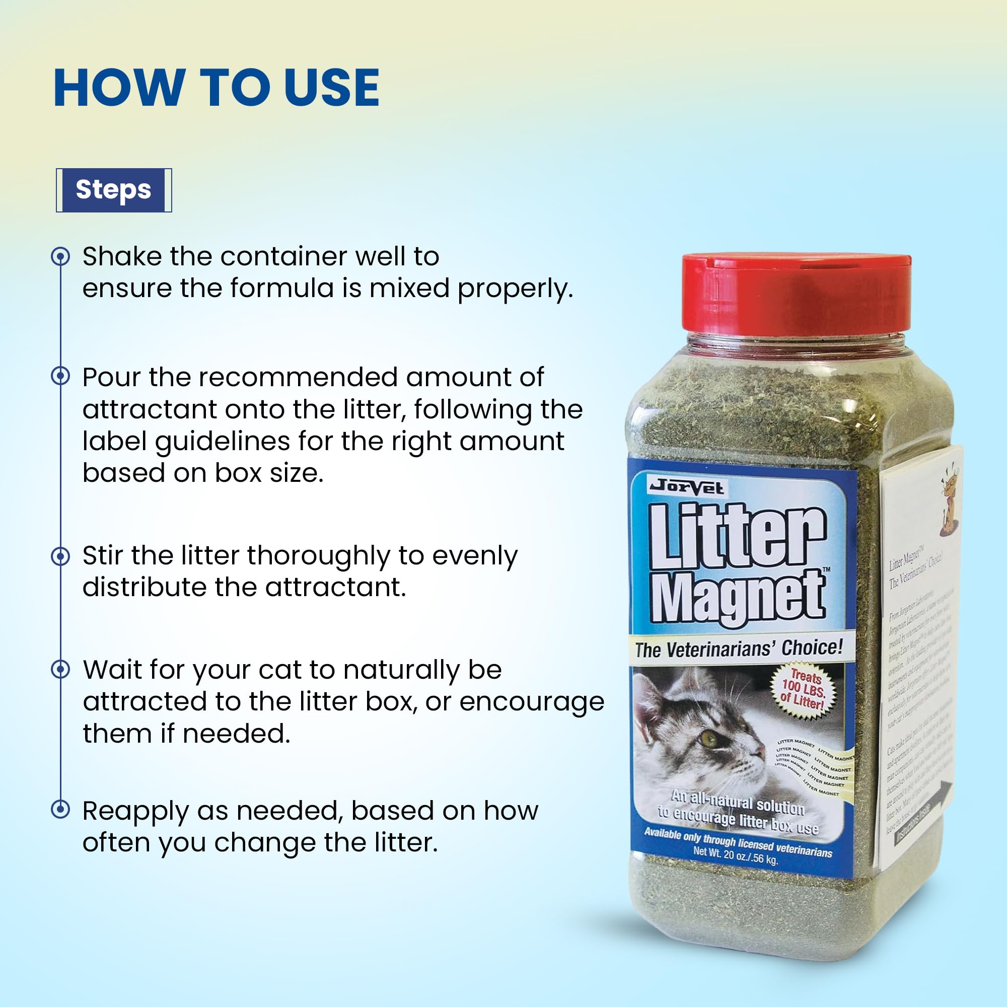 JorVet Feline Litter Magnet shake-and-pour lid facilitates quick, targeted litter box application.