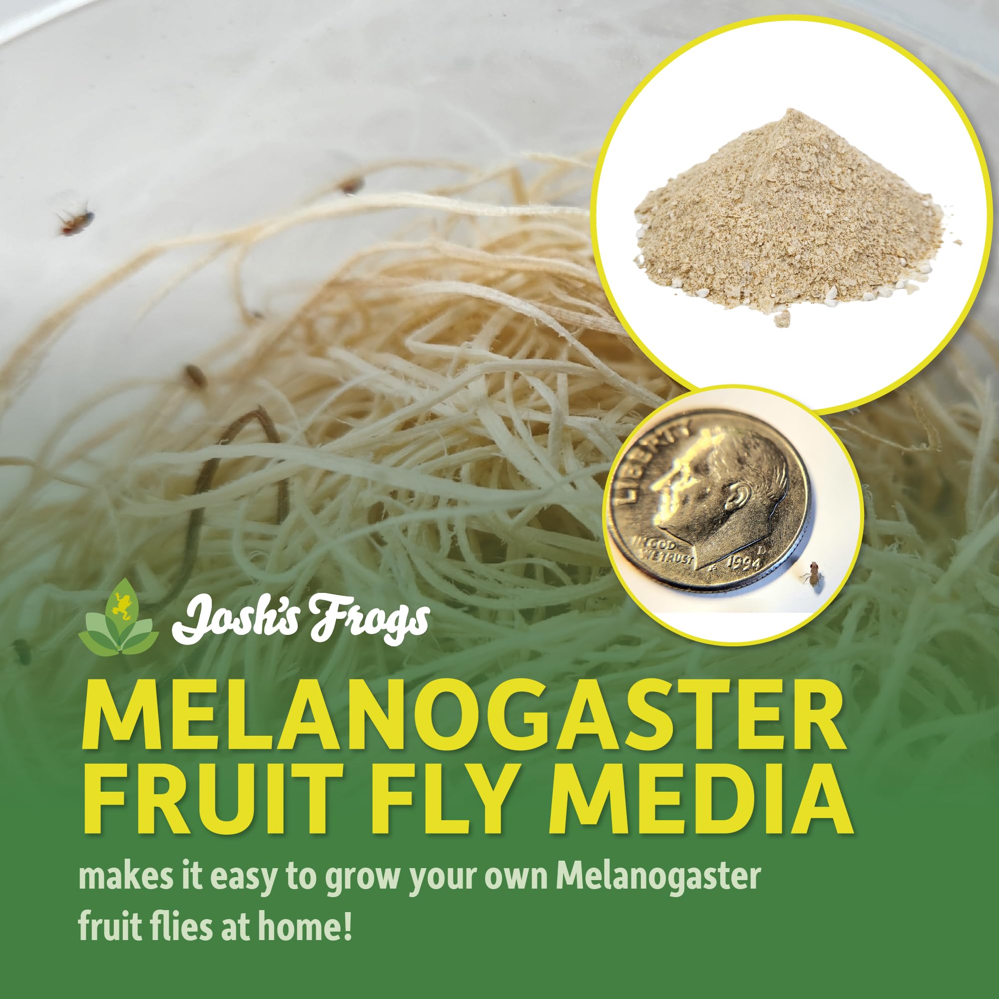 Josh's Frogs melanogaster fruit fly media ingredients close-up with vitamins and color enhancers.