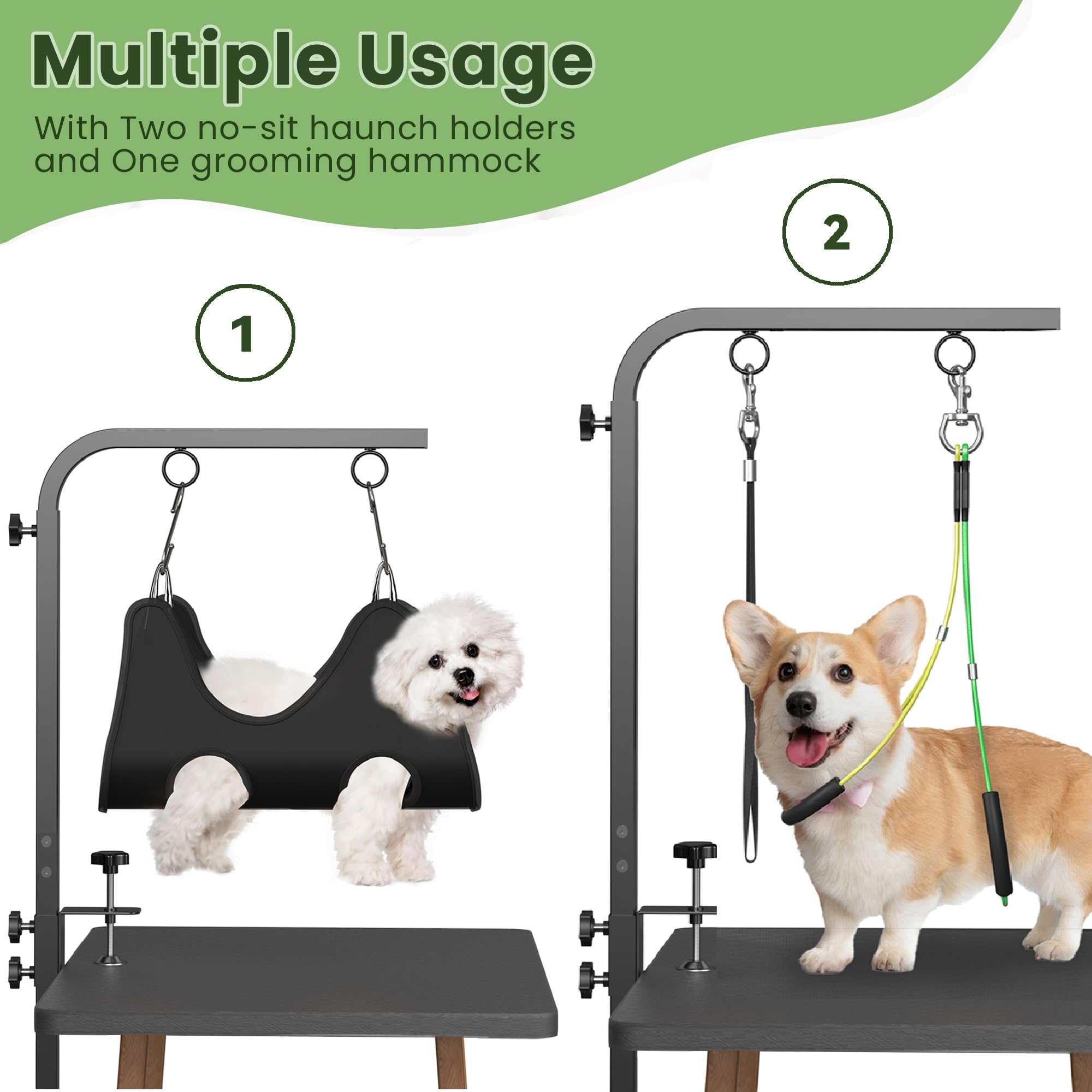 Josmimic grooming arm clamp on sturdy table for stable trimming sessions.