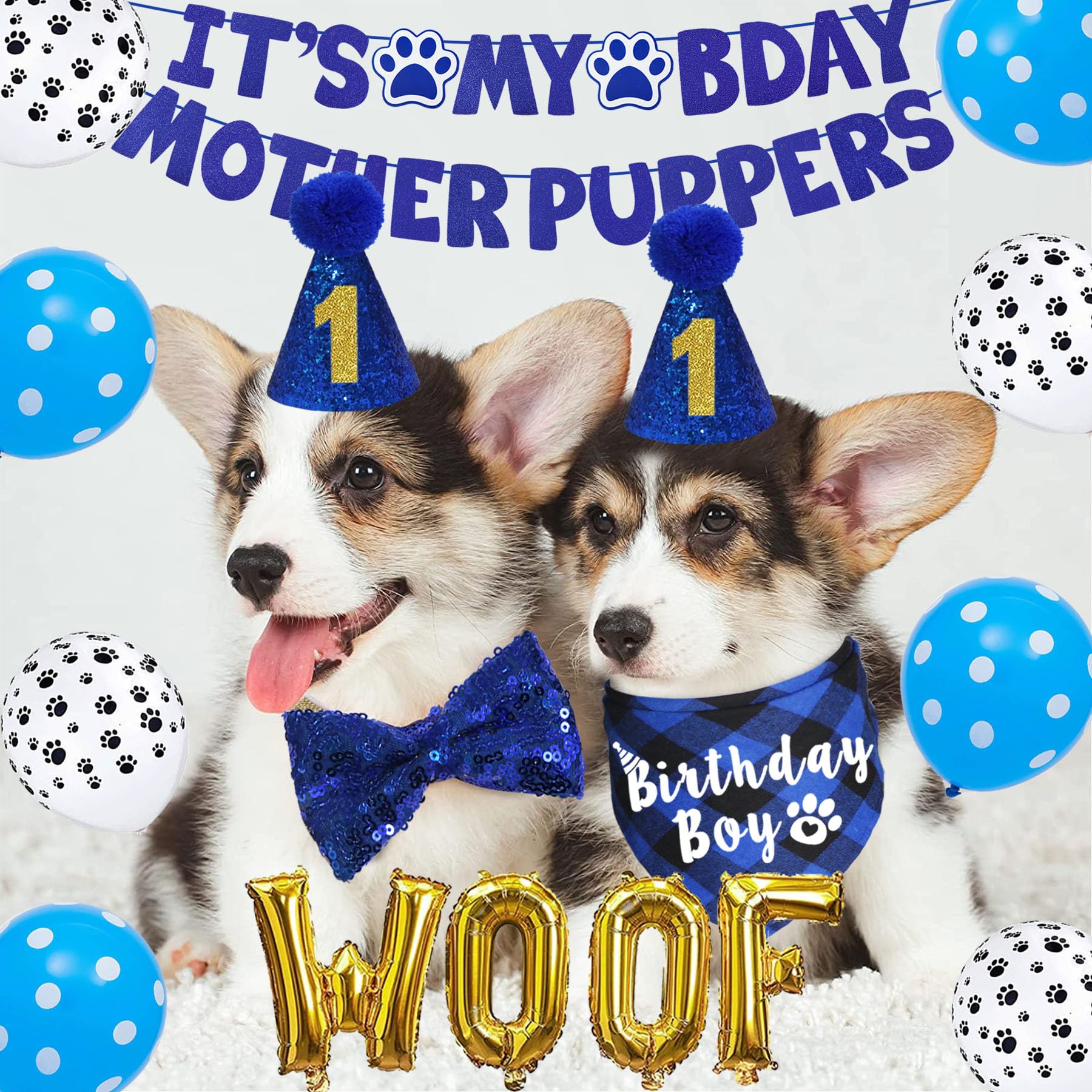 JOTFA blue plaid dog birthday bandana enhances birthday-theme photo moments.