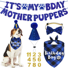 JOTFA dog birthday bandana in blue buffalo plaid for festive photos.