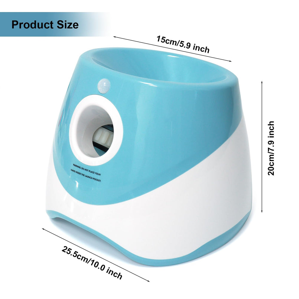 Jovani dog ball launcher blue side view shows compact home-friendly design.