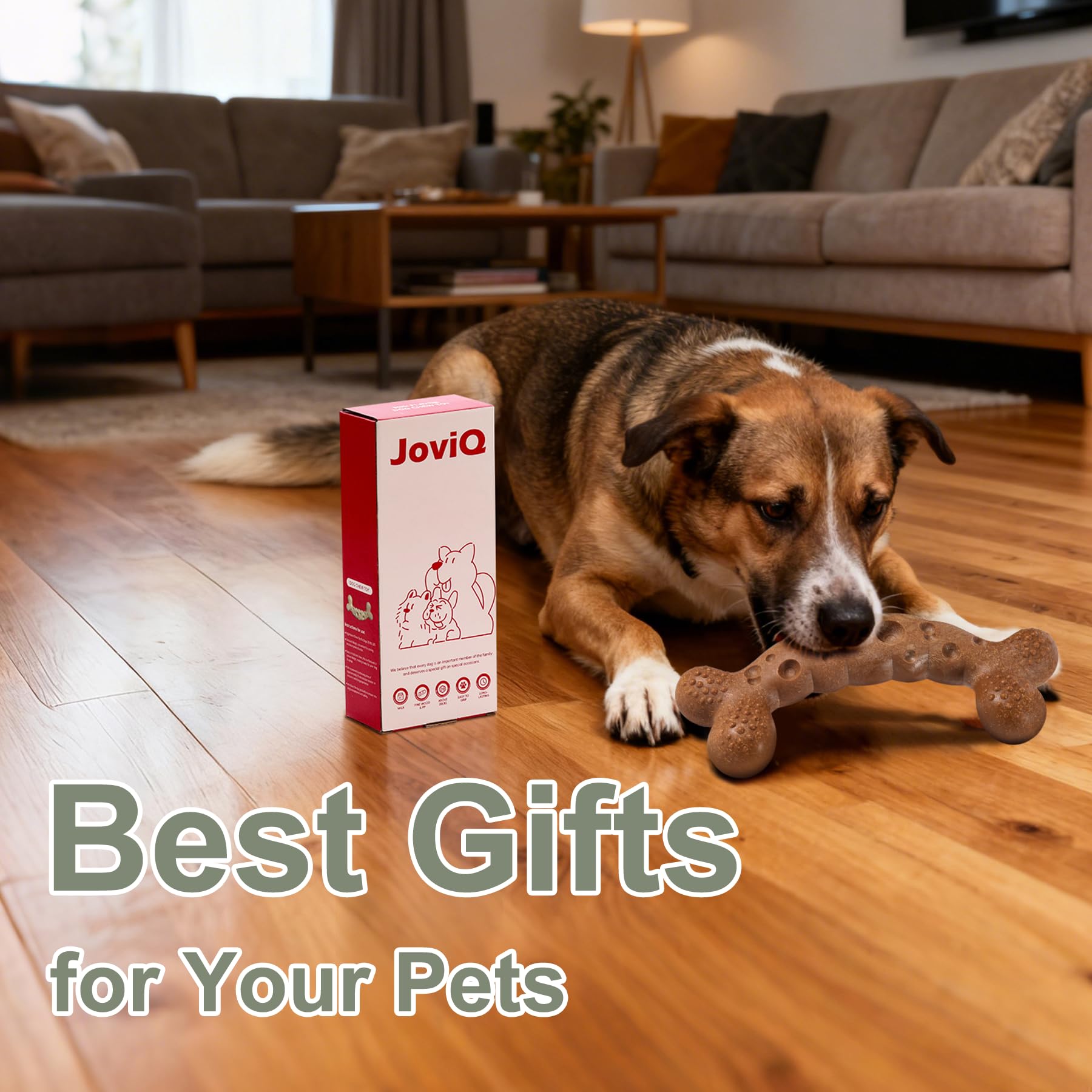 JoviQ dog chew toy milk aroma may ease tension while your dog explores flavors.