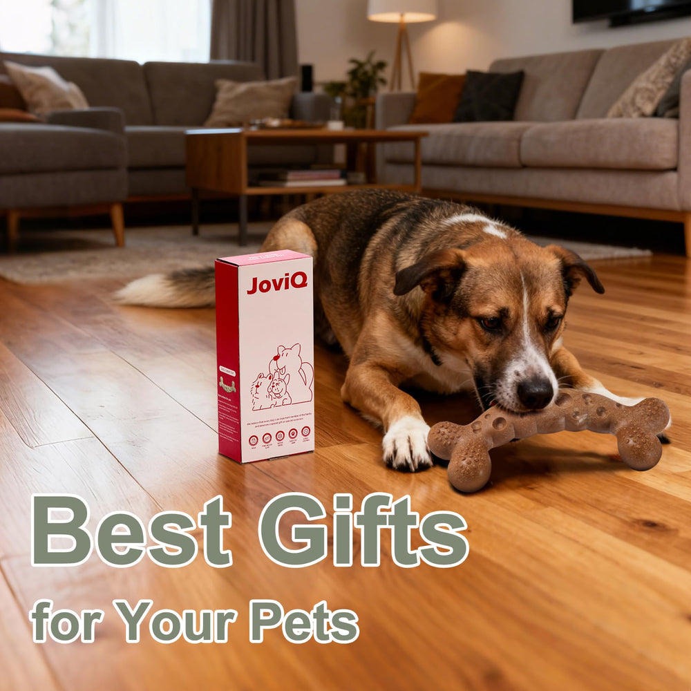 JoviQ dog chew toy milk aroma may ease tension while your dog explores flavors.