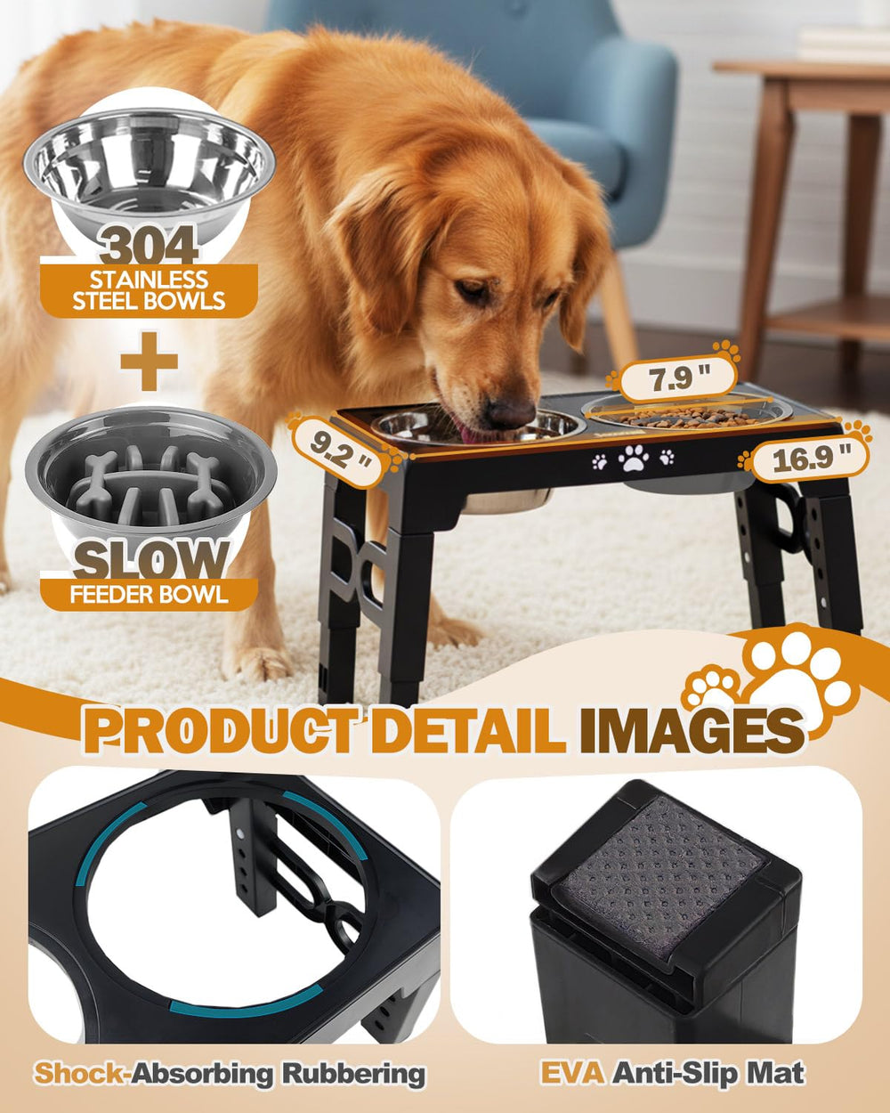Jovrun five-height stand shows adjustable design to grow with your dog.