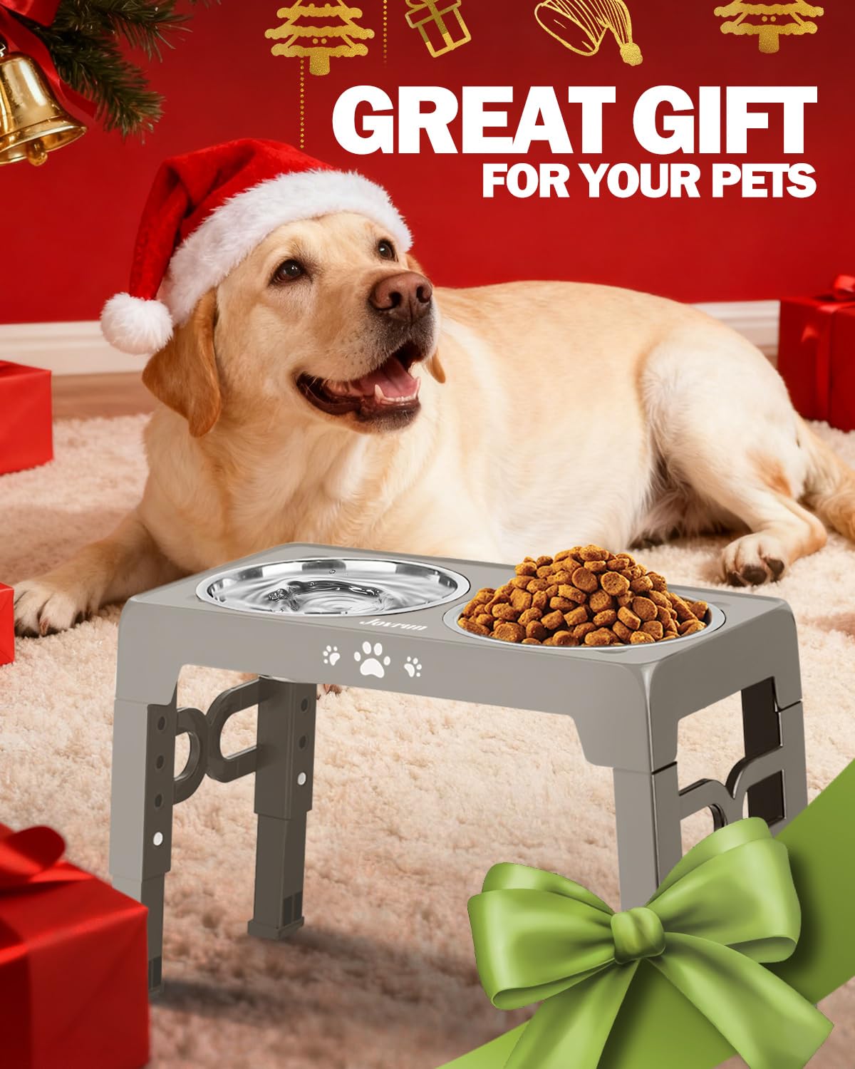 Jovrun dog using stand showing elevated dining with reduced strain