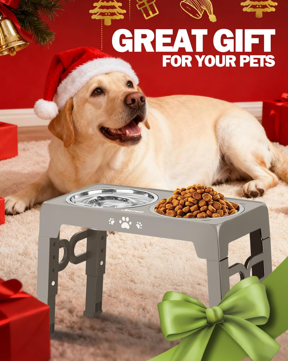 Jovrun dog using stand showing elevated dining with reduced strain