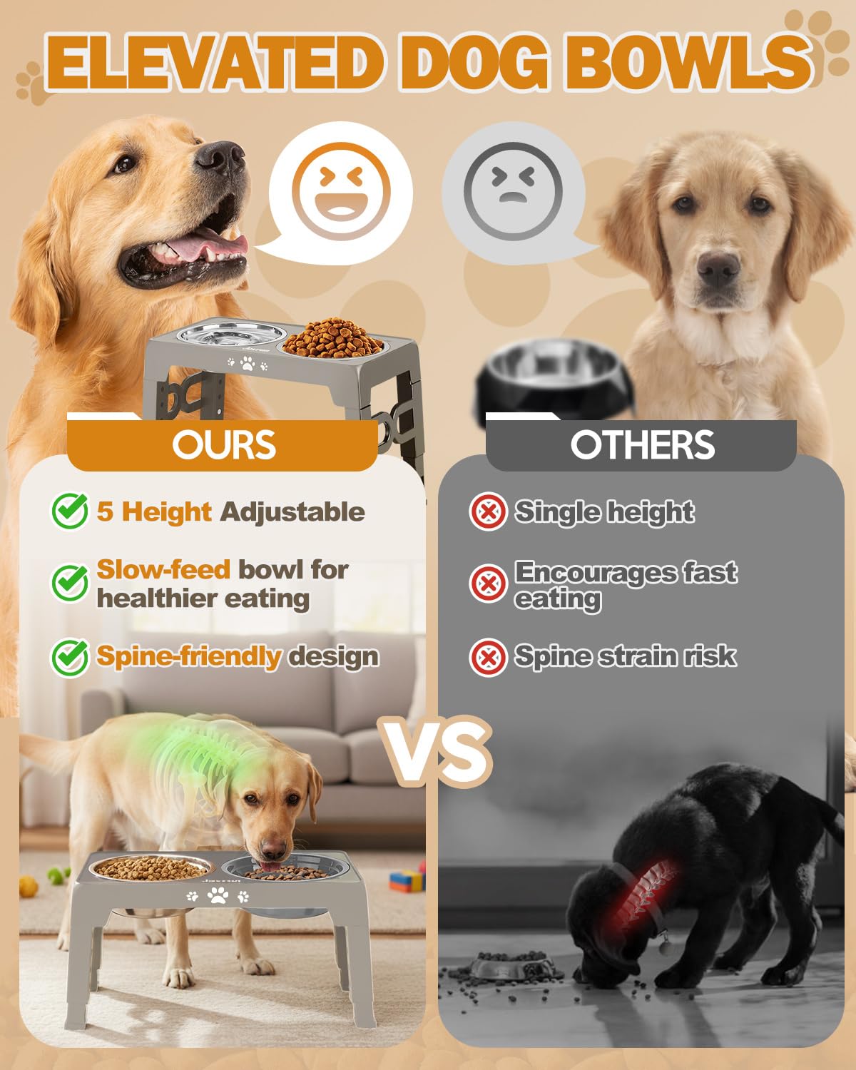 Jovrun five-height adjustable stand in use for growing dogs