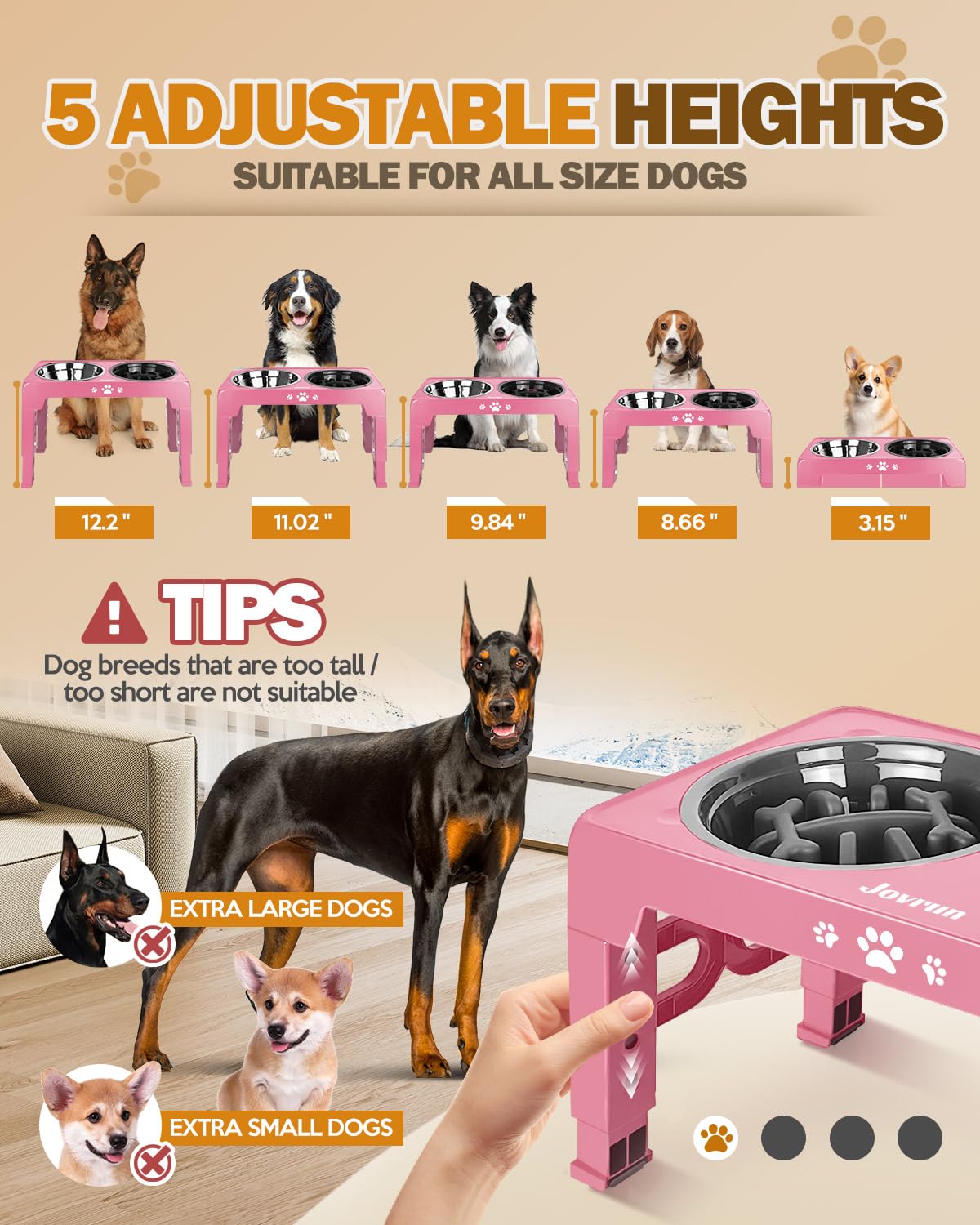 Jovrun elevated dog bowls stand in five heights supports ergonomic dining for growing dogs.