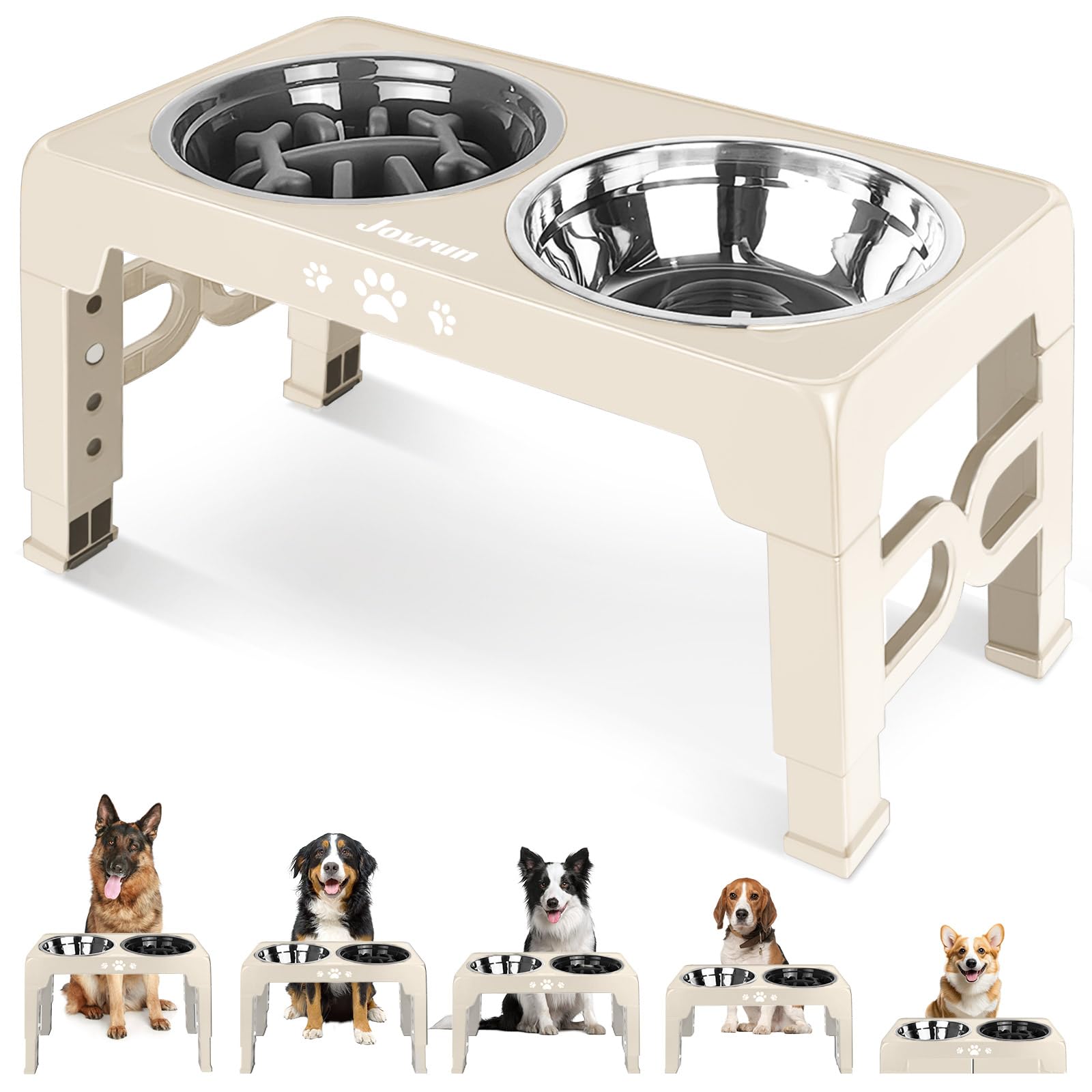 Jovrun elevated dog bowls stand with adjustable heights for comfortable dining.