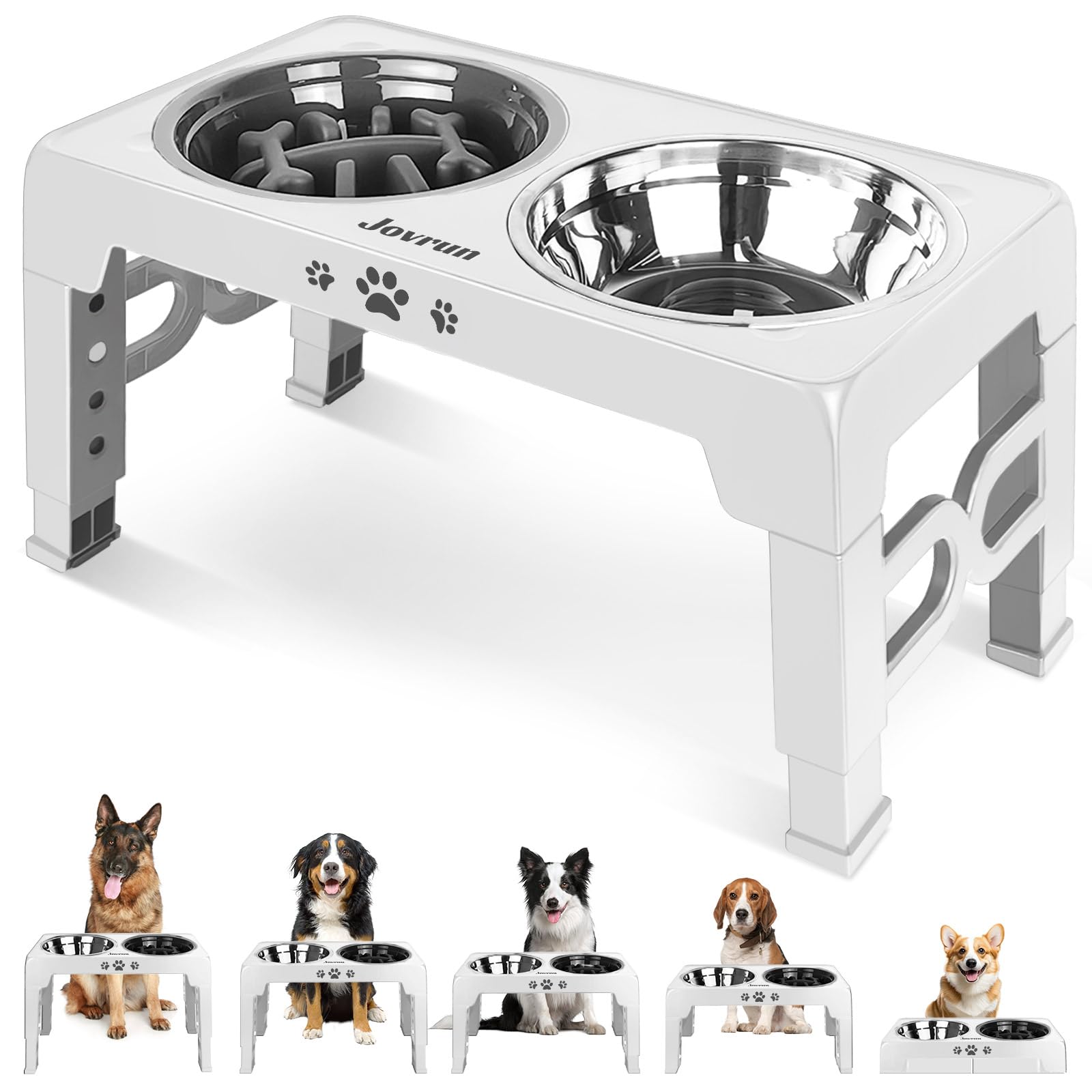 Jovrun elevated stand with bowls promotes a comfortable feeding height for easy access.